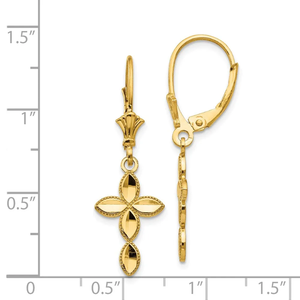 Diamond Cut & Beaded Edge Cross Lever Back Earrings in 14k Yellow Gold