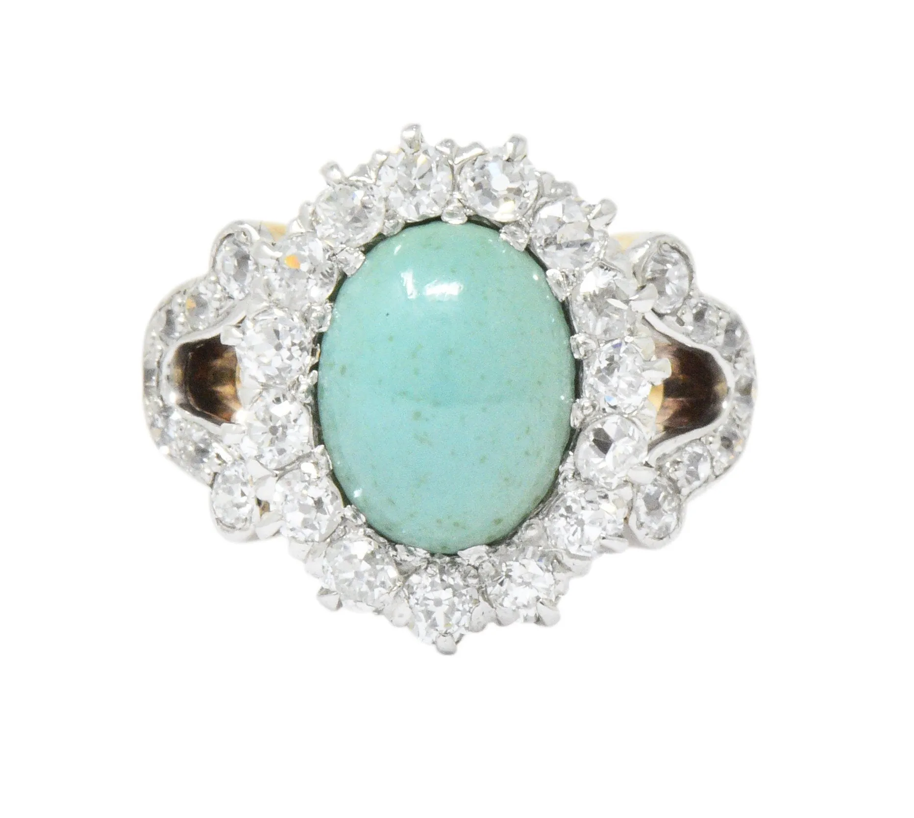 Edwardian 1.26 CTW Diamond Turquoise Platinum-Topped 14 Karat Gold Ring