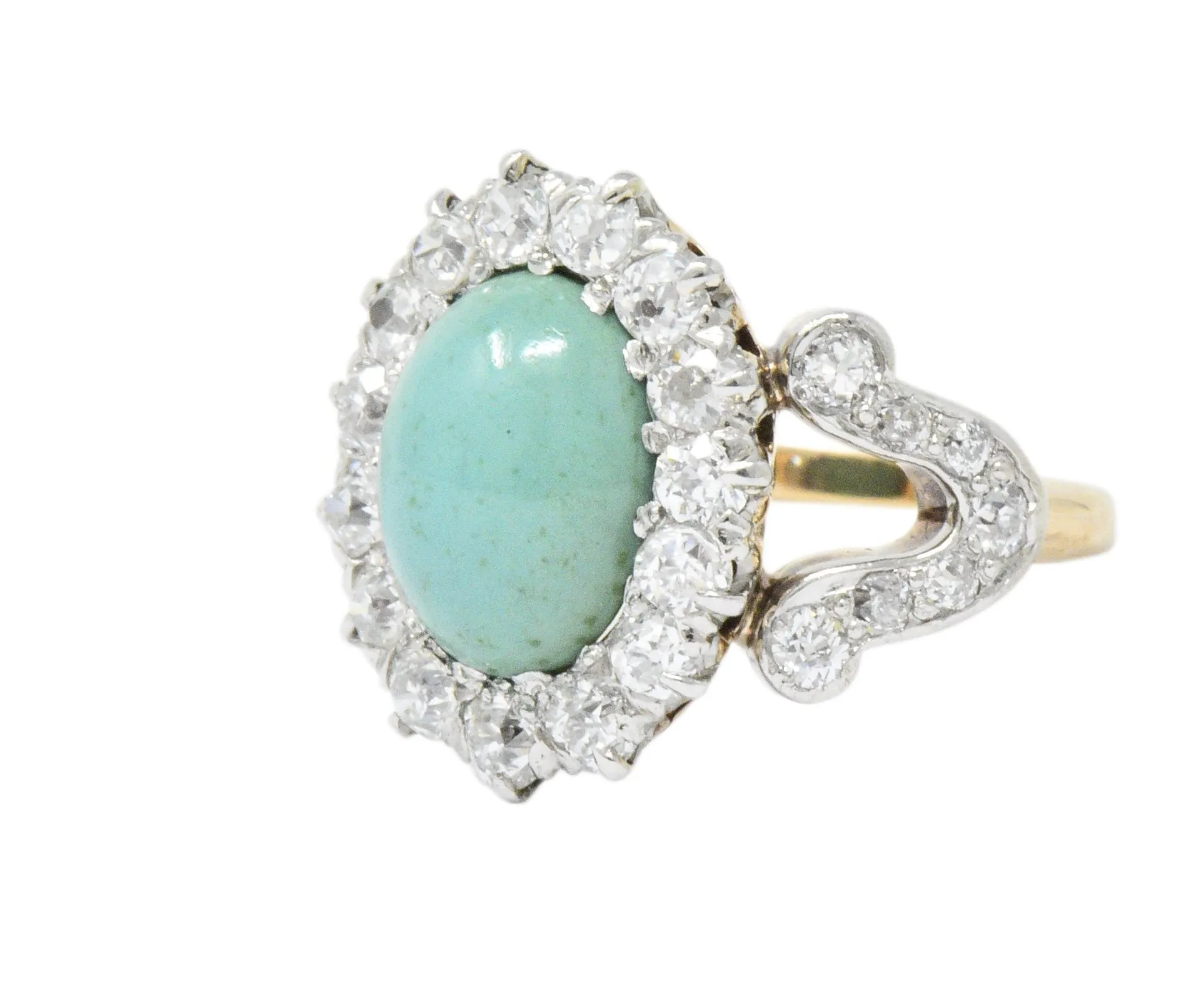 Edwardian 1.26 CTW Diamond Turquoise Platinum-Topped 14 Karat Gold Ring