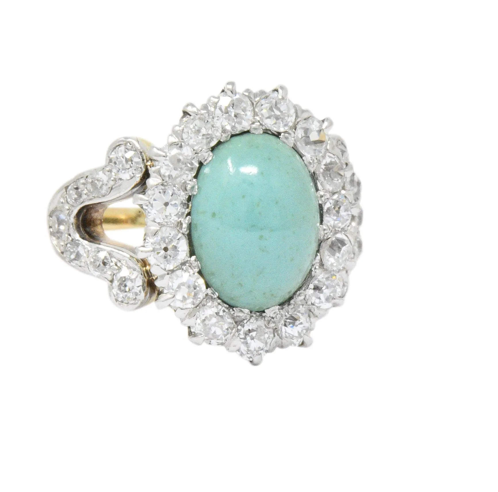 Edwardian 1.26 CTW Diamond Turquoise Platinum-Topped 14 Karat Gold Ring