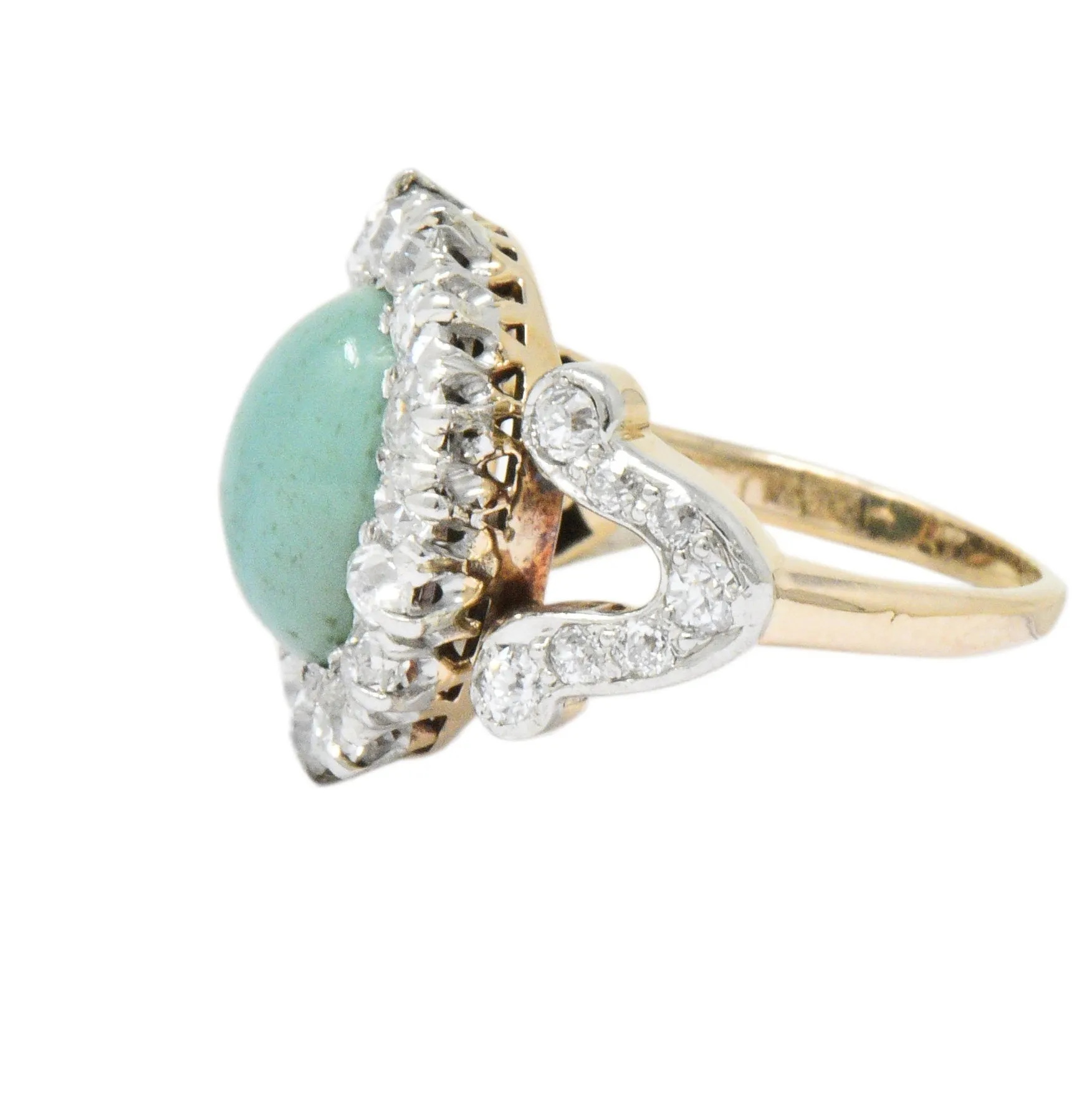 Edwardian 1.26 CTW Diamond Turquoise Platinum-Topped 14 Karat Gold Ring