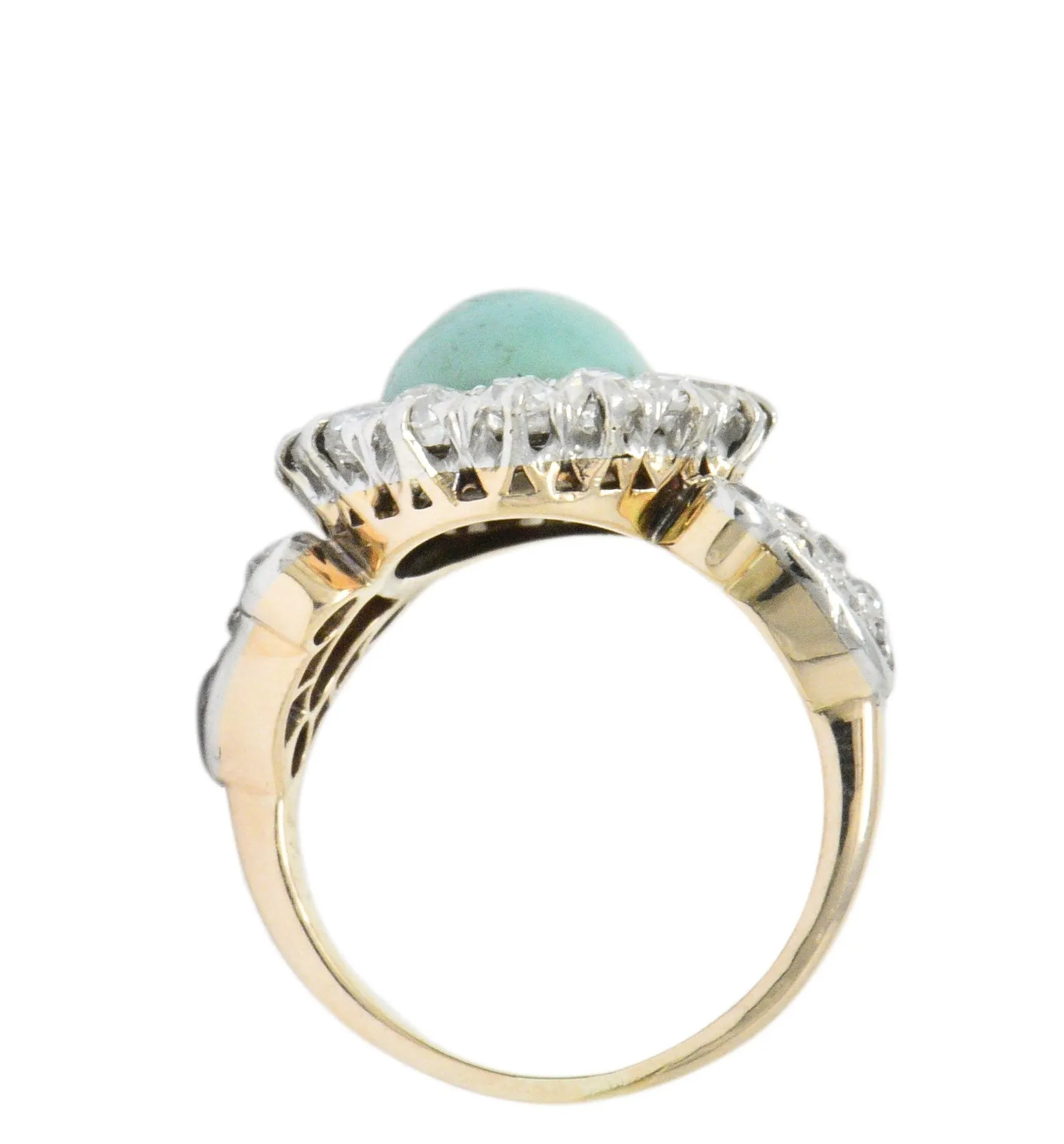 Edwardian 1.26 CTW Diamond Turquoise Platinum-Topped 14 Karat Gold Ring