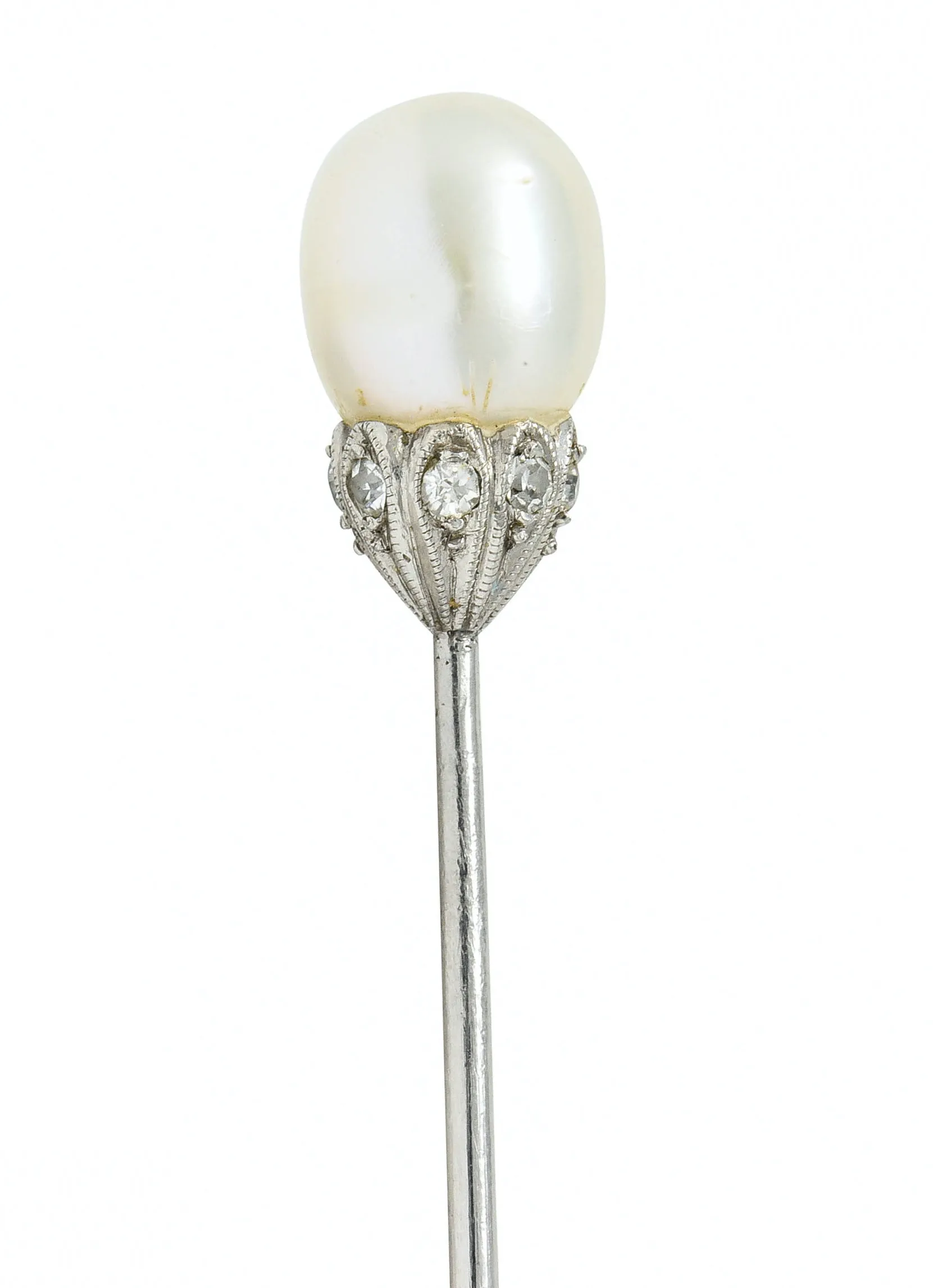 Edwardian Natural Freshwater Pearl Diamond Platinum Stickpin GIA