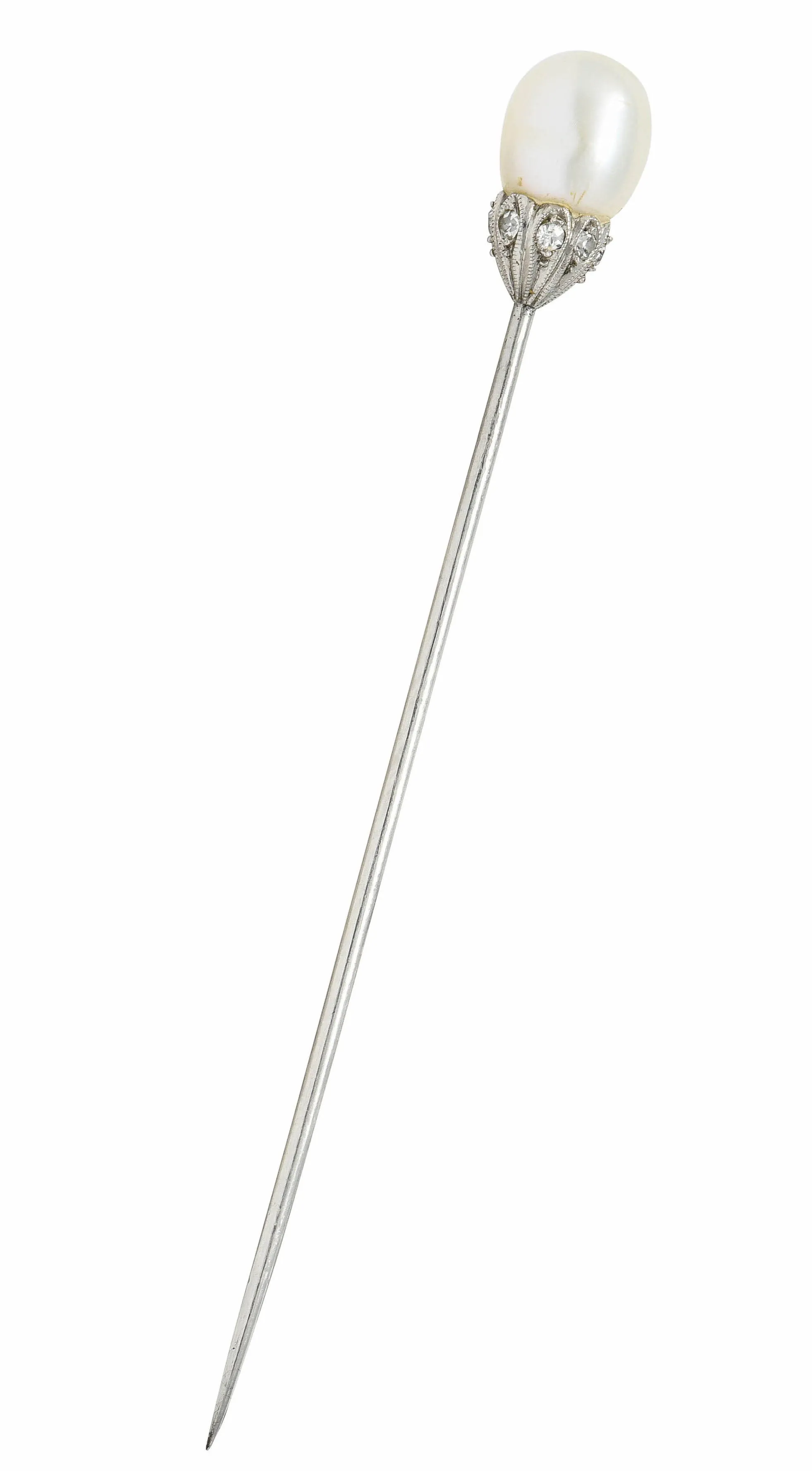 Edwardian Natural Freshwater Pearl Diamond Platinum Stickpin GIA