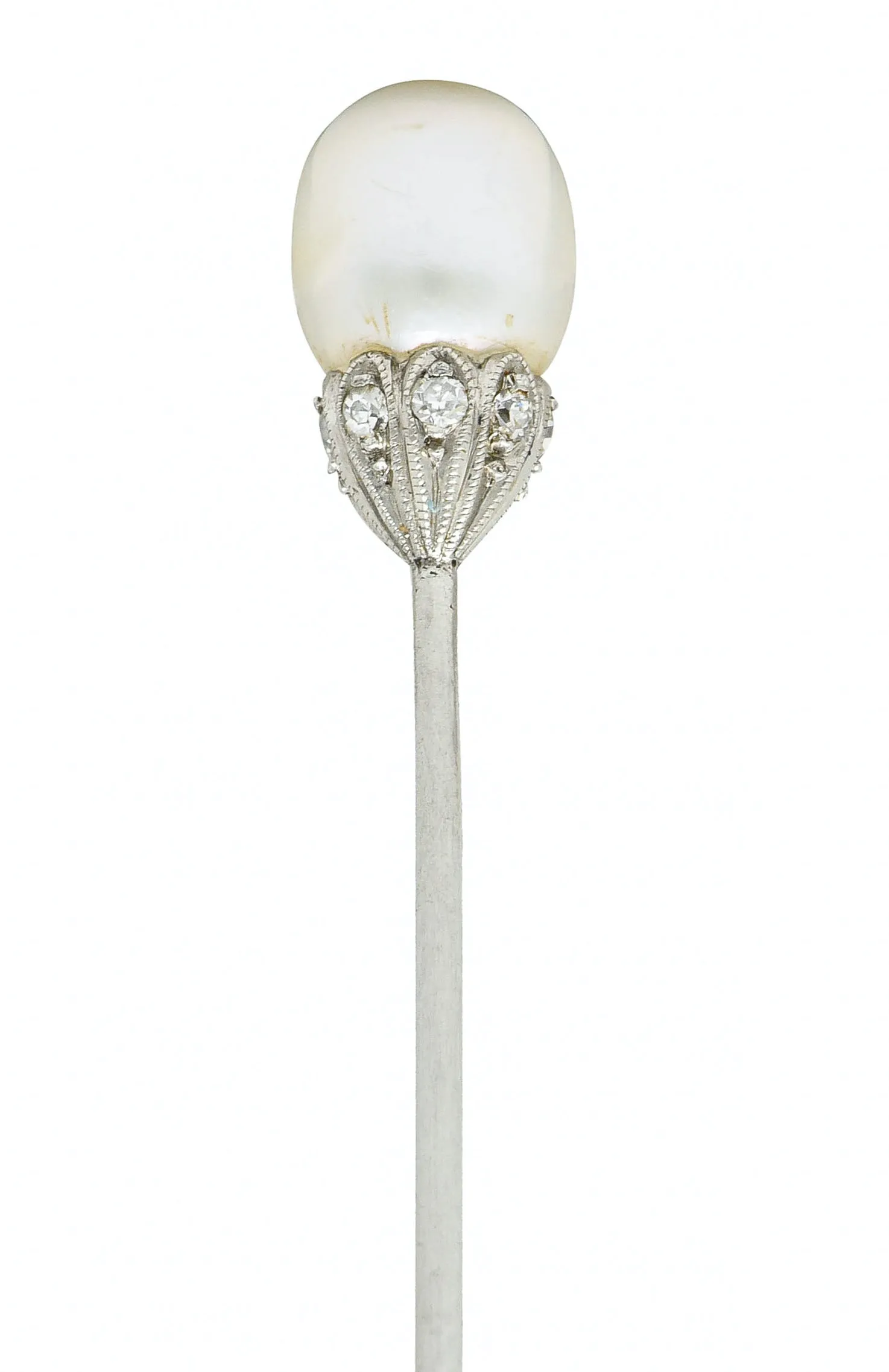 Edwardian Natural Freshwater Pearl Diamond Platinum Stickpin GIA