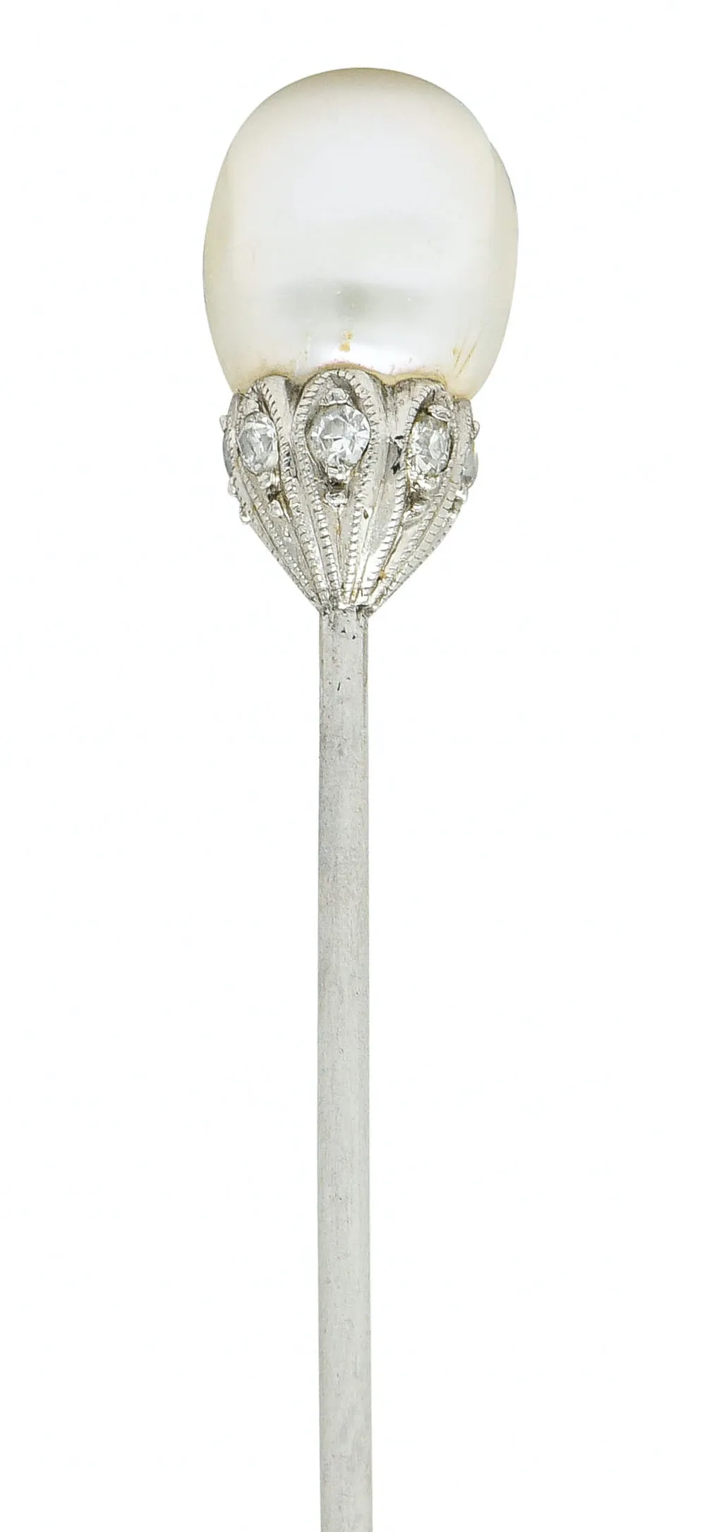 Edwardian Natural Freshwater Pearl Diamond Platinum Stickpin GIA