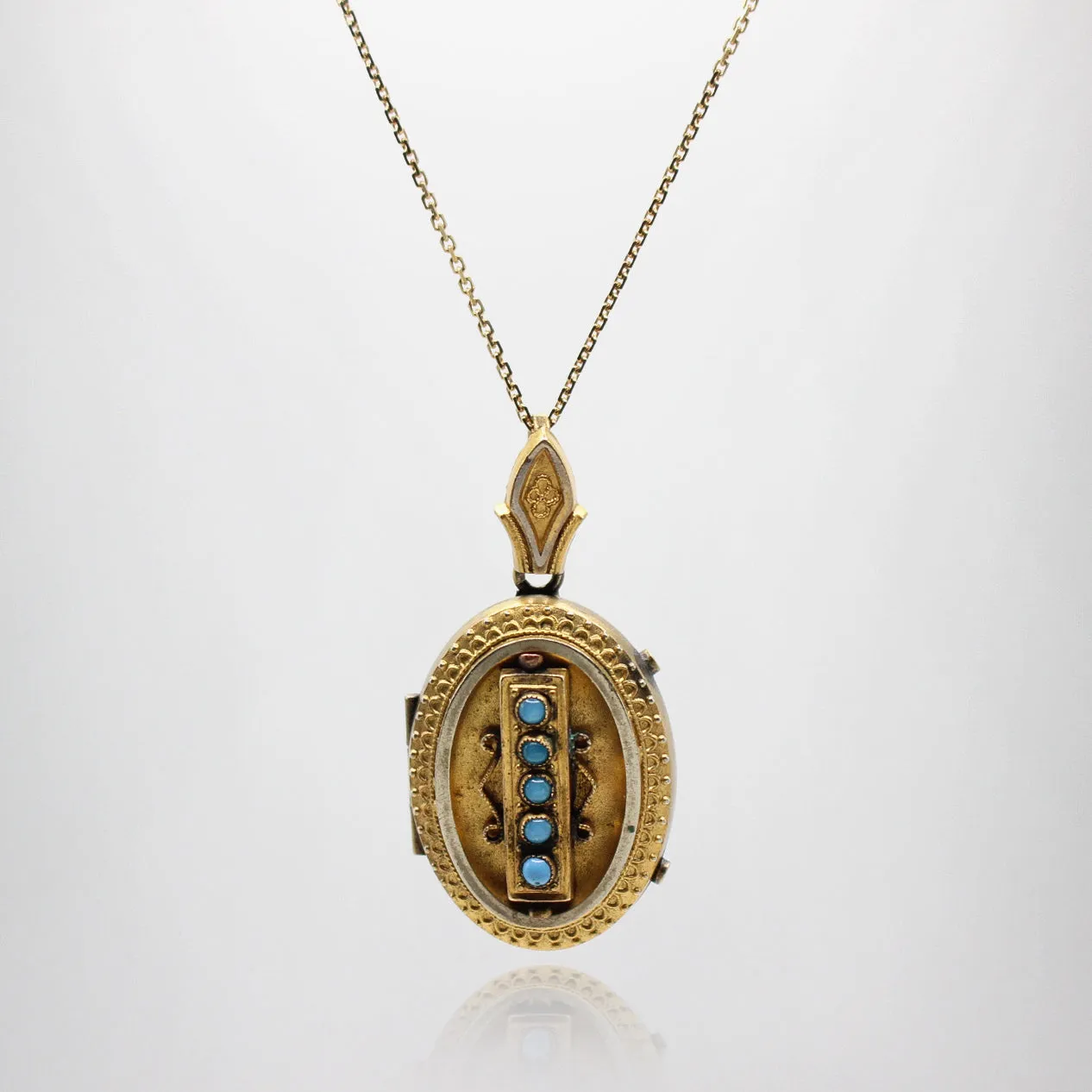 Elizabeth Turquoise Cabochon Etruscan Revival Locket & Chain