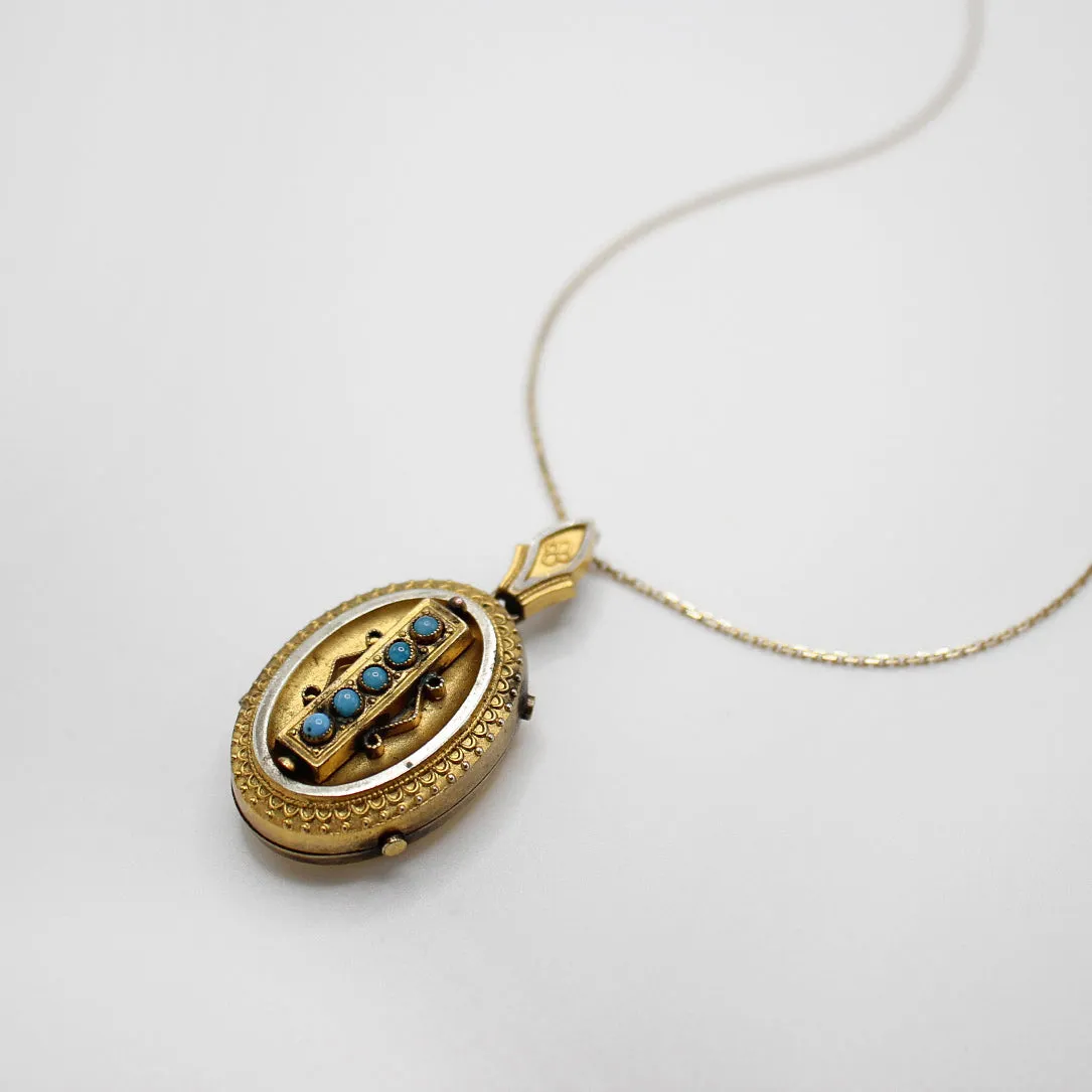 Elizabeth Turquoise Cabochon Etruscan Revival Locket & Chain