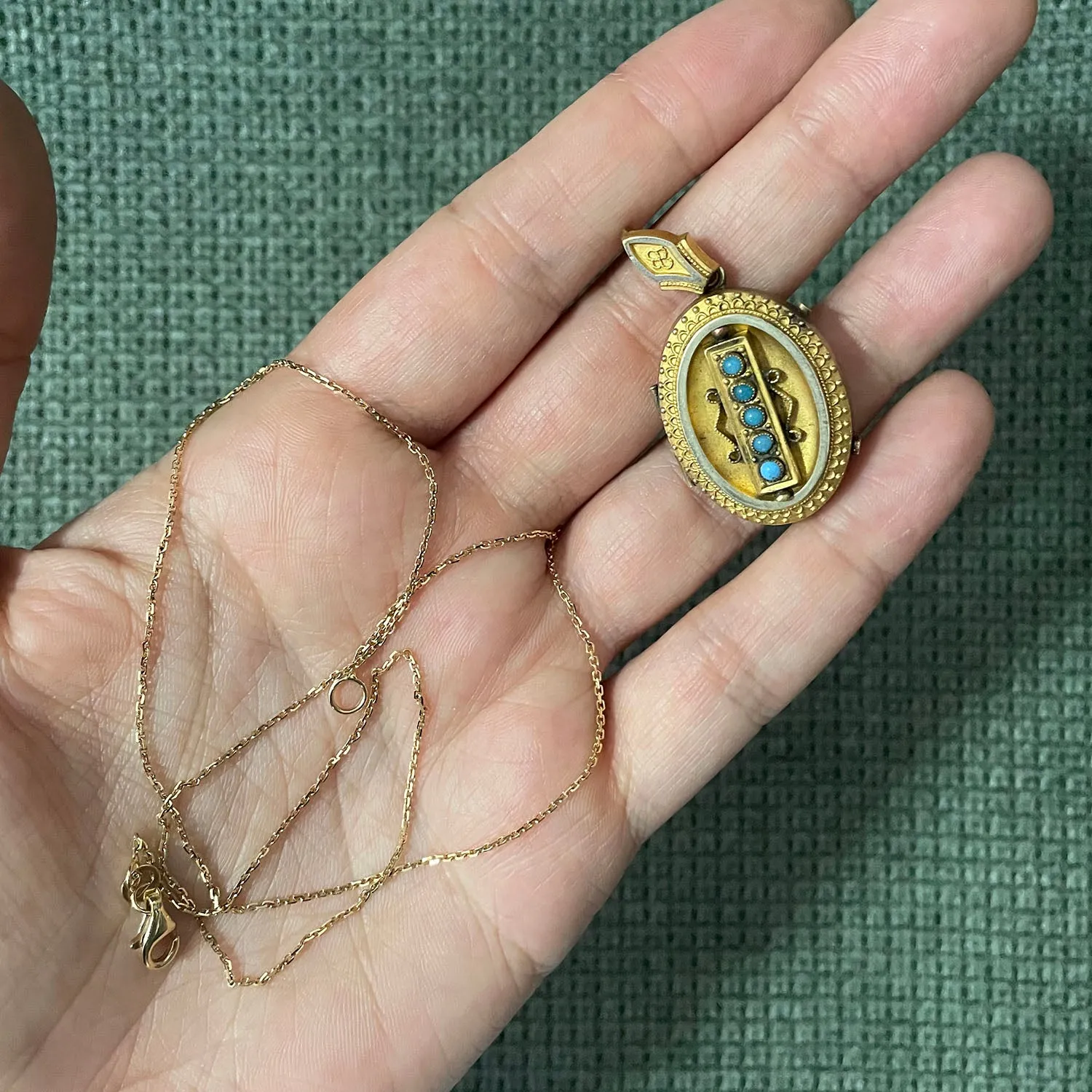 Elizabeth Turquoise Cabochon Etruscan Revival Locket & Chain