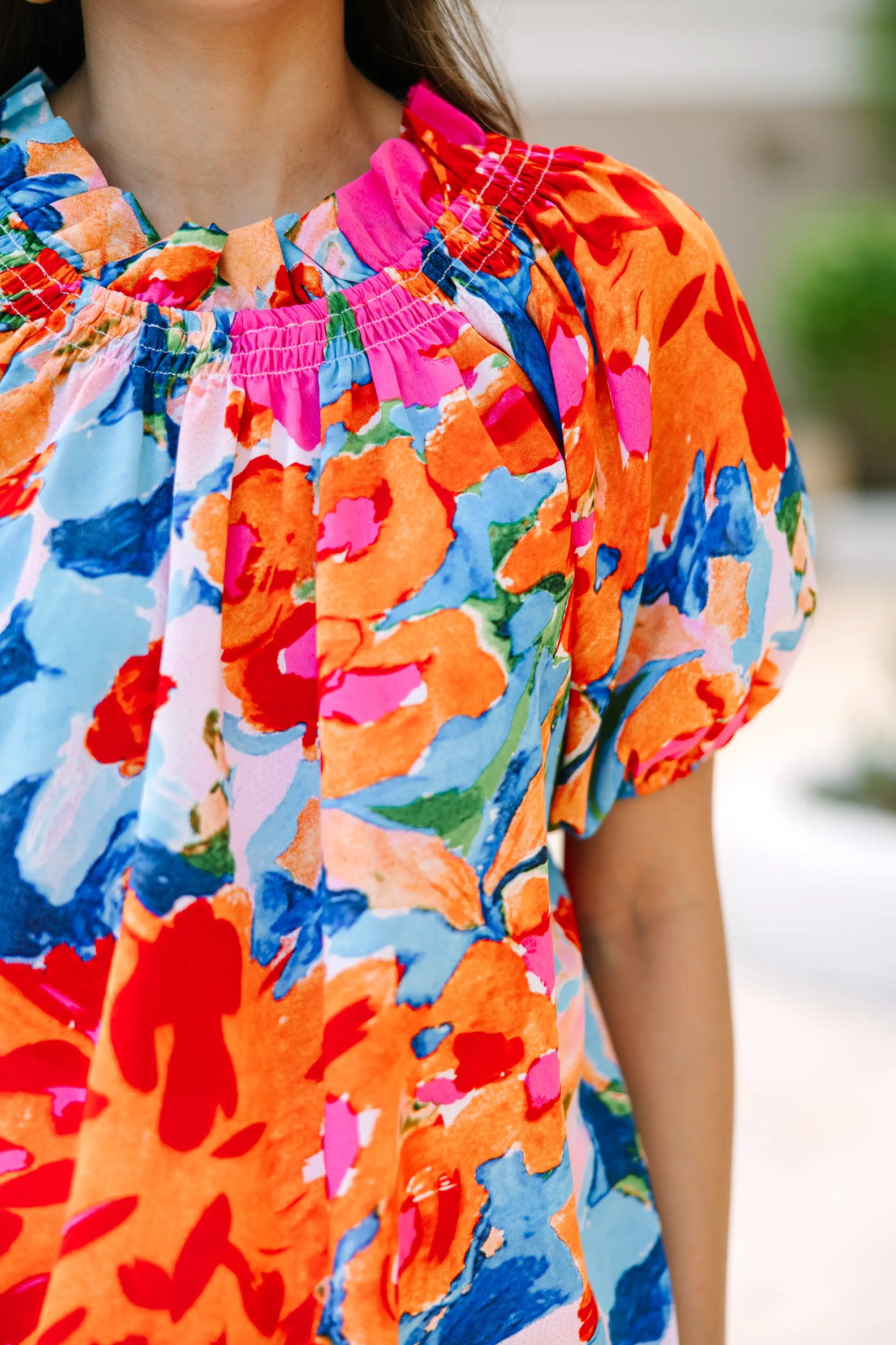 Feeling Fun Coral Floral Bubble Sleeve Blouse