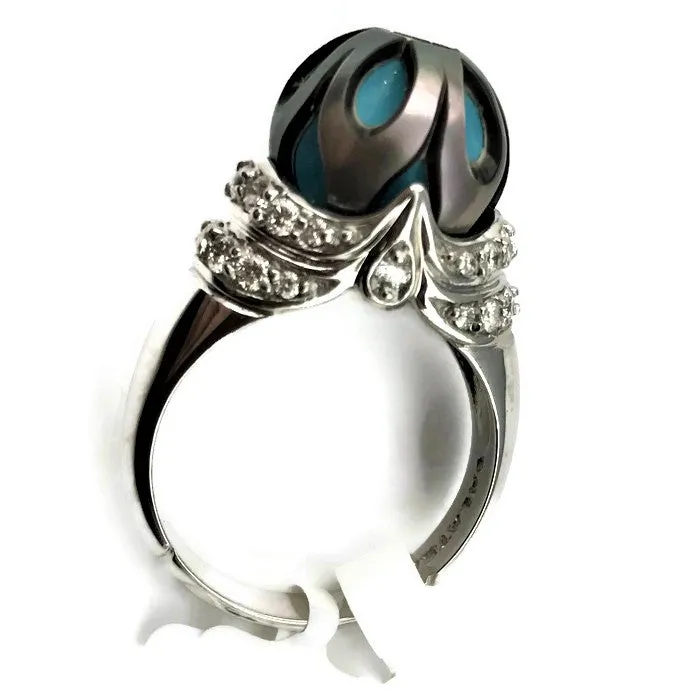 Galatea by Artist Diamond & Pearl Turquoise Designer Ring 14k W. Gold Size 7.25. #v37646.sc