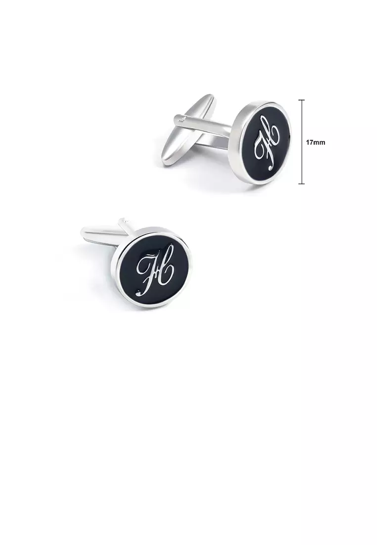 Glamorousky Fashion Simple English Alphabet H Black Geometric Round Cufflinks