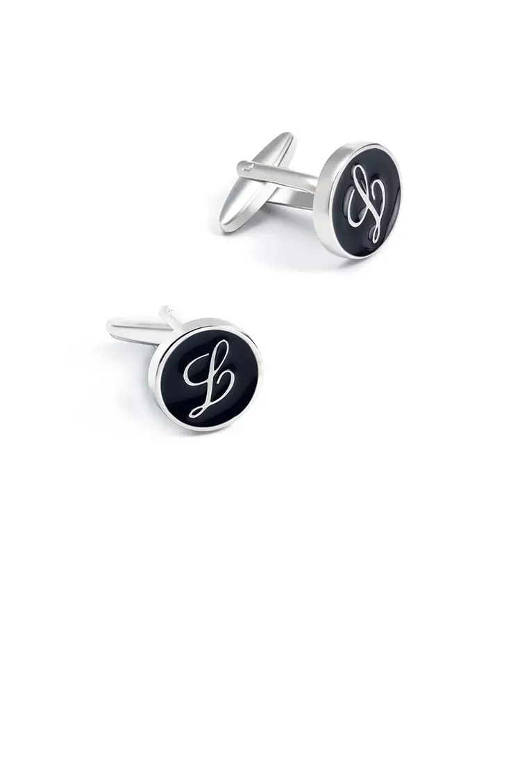 Glamorousky Fashion Simple English Alphabet L Black Geometric Round Cufflinks