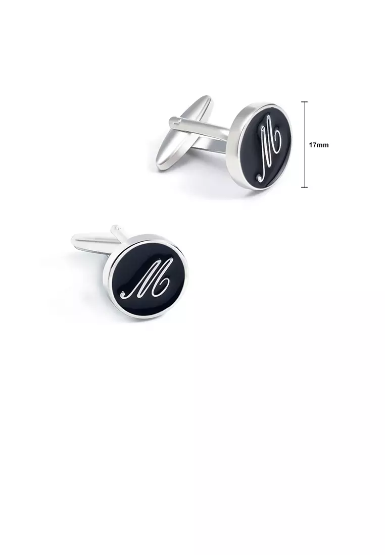 Glamorousky Fashion Simple English Alphabet M Black Geometric Round Cufflinks