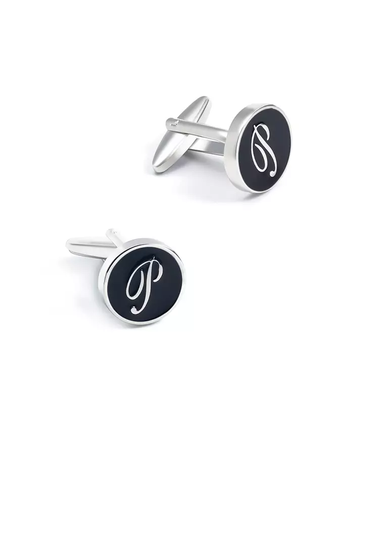 Glamorousky Fashion Simple English Alphabet P Black Geometric Round Cufflinks