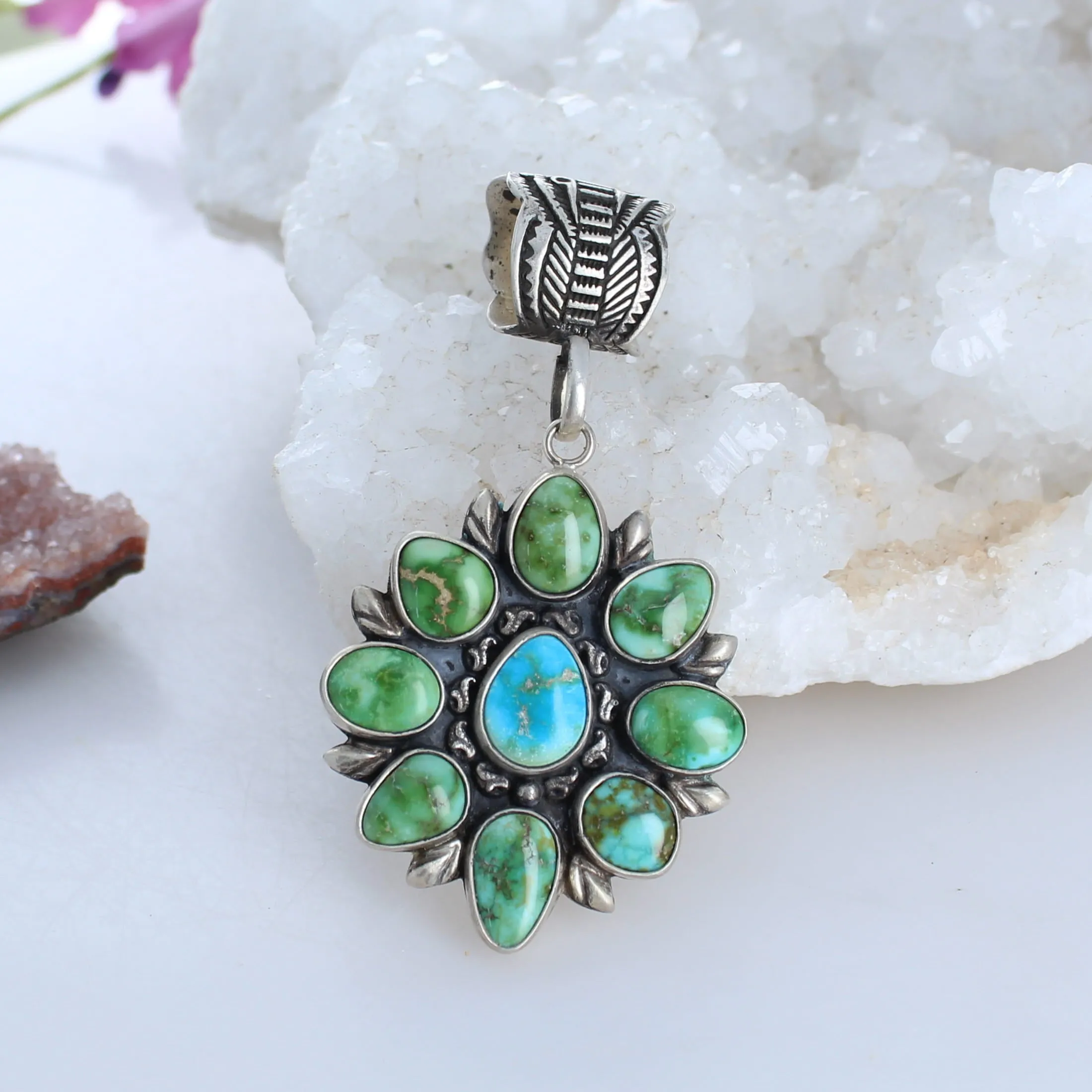 Gorgeous Sonoran Gold Turquoise Flower Pendant Sterling Southwestern Elegance