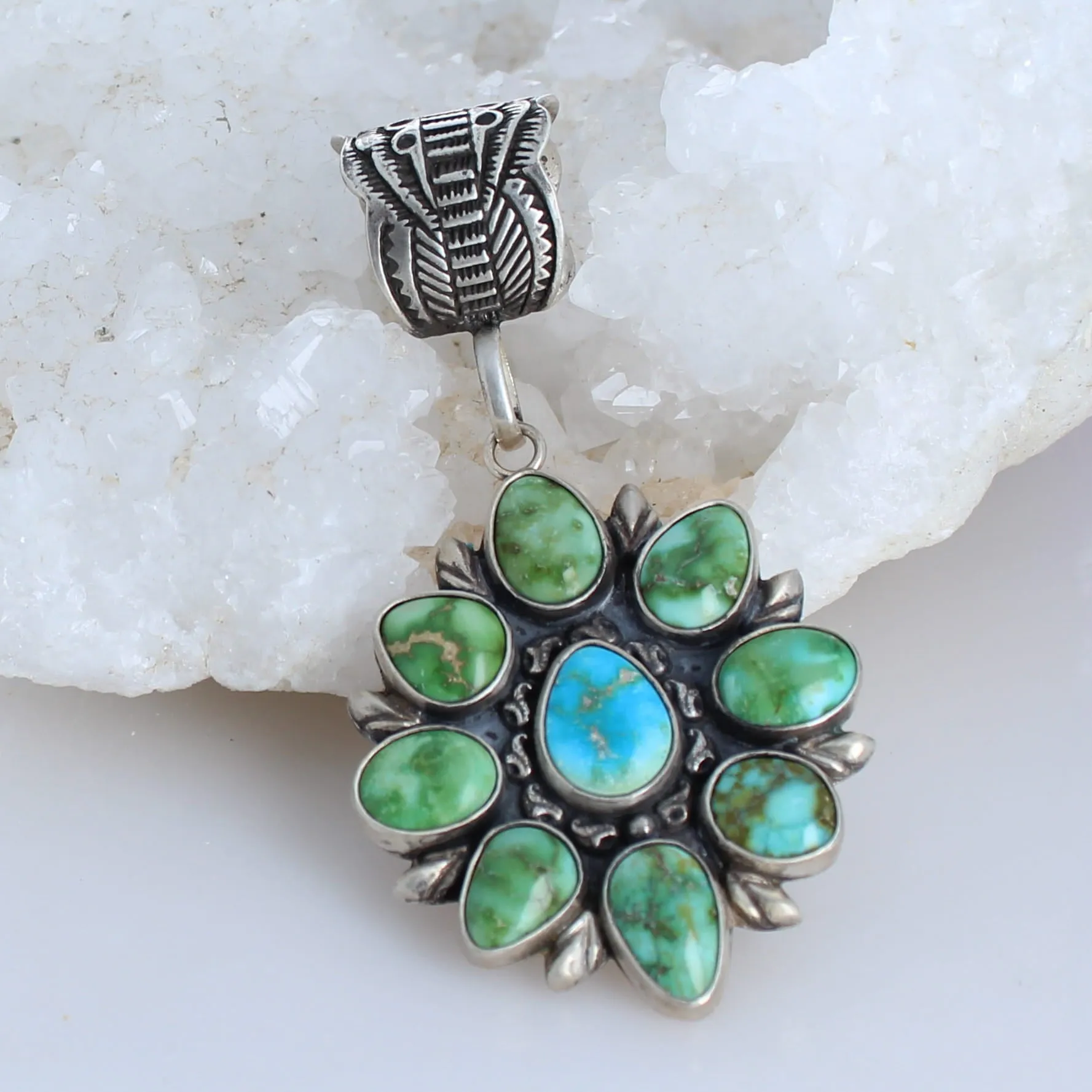 Gorgeous Sonoran Gold Turquoise Flower Pendant Sterling Southwestern Elegance