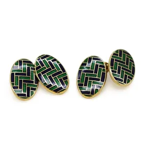 Green & Blue Enamel Oval Chain link Cufflinks - 18ct Yellow Gold