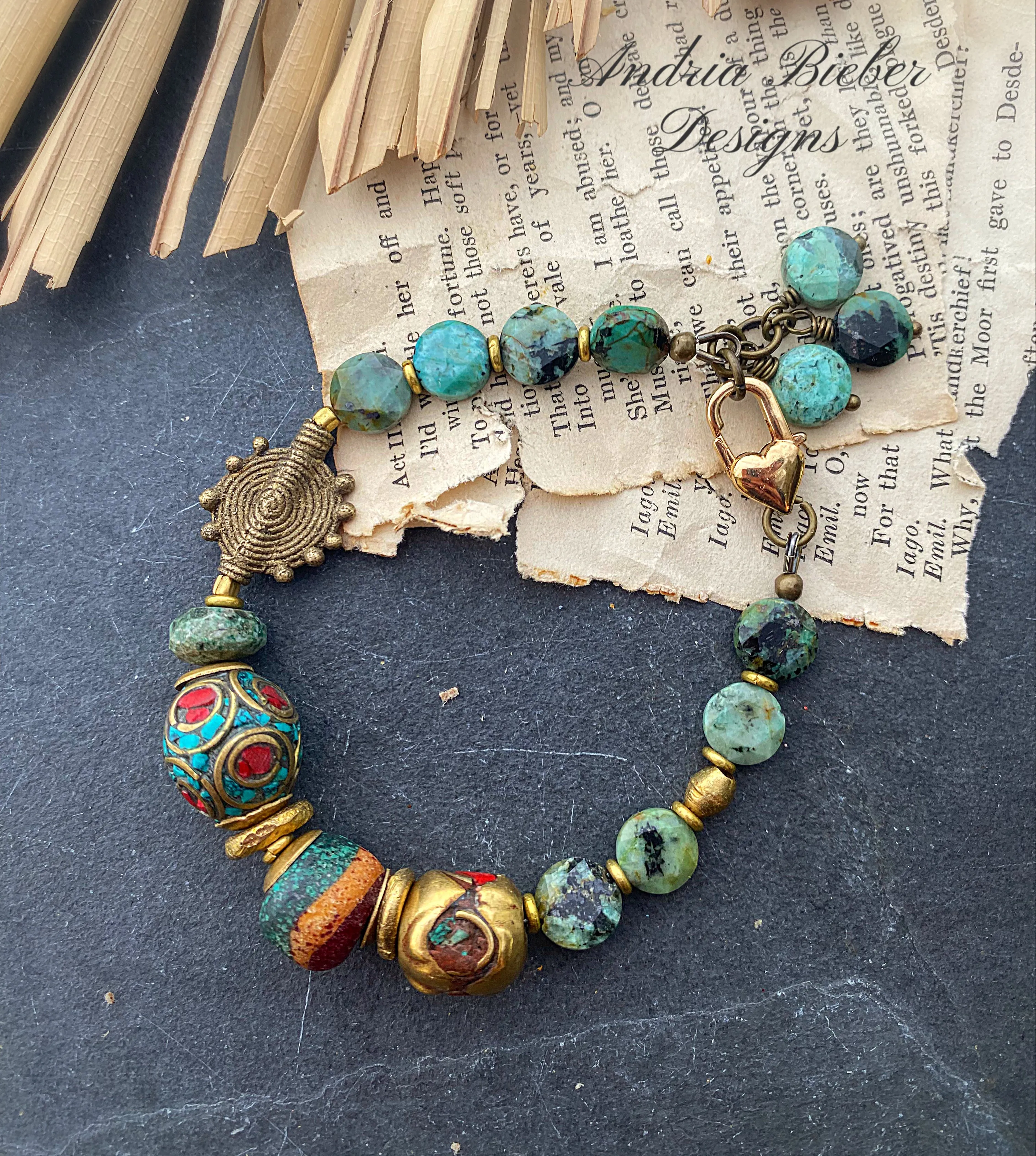 Green turquoise, african brass, nepal beads, lampwork glass, bracelet.