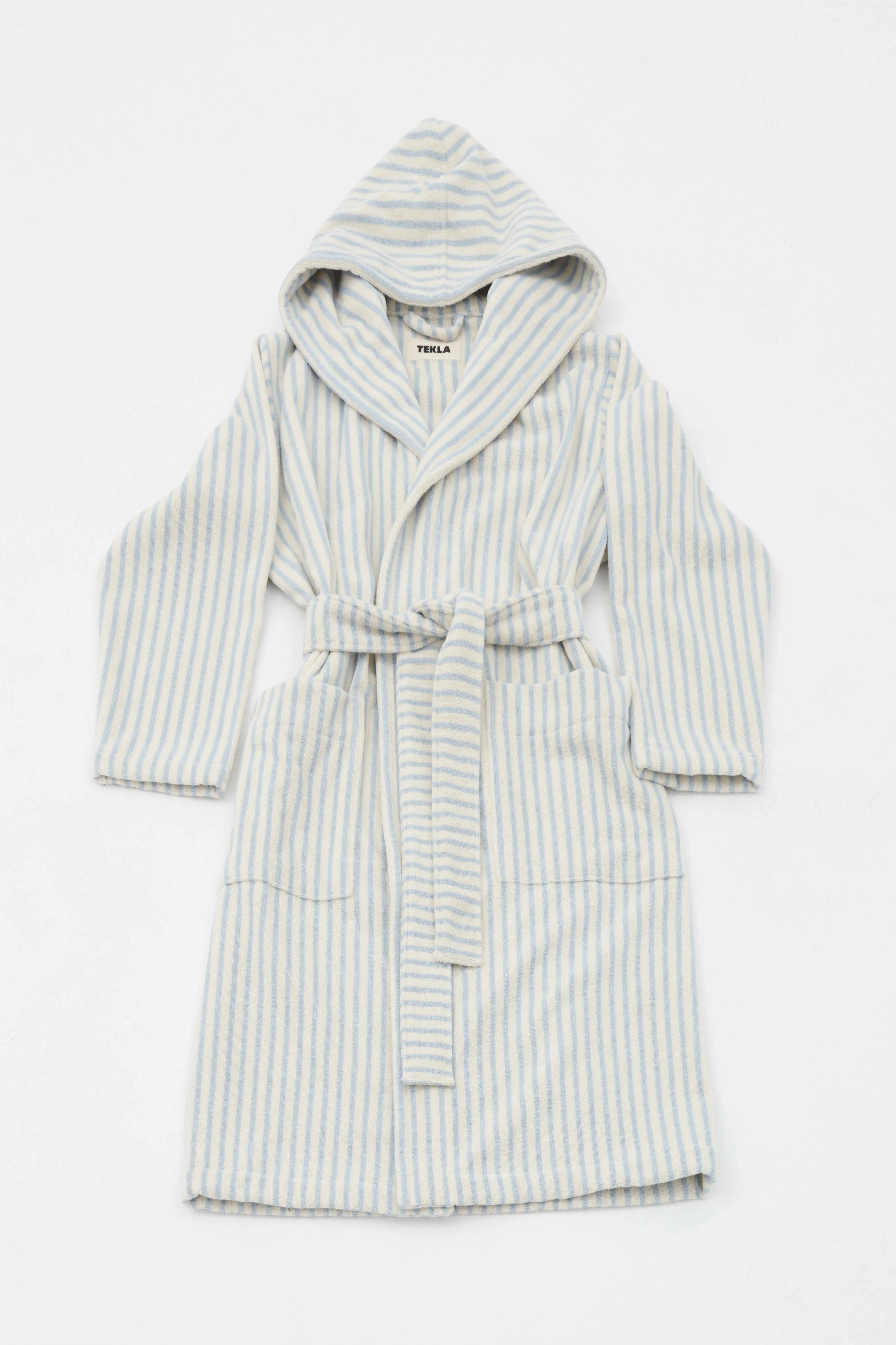 Hooded Bathrobe Soft Blue Stripe