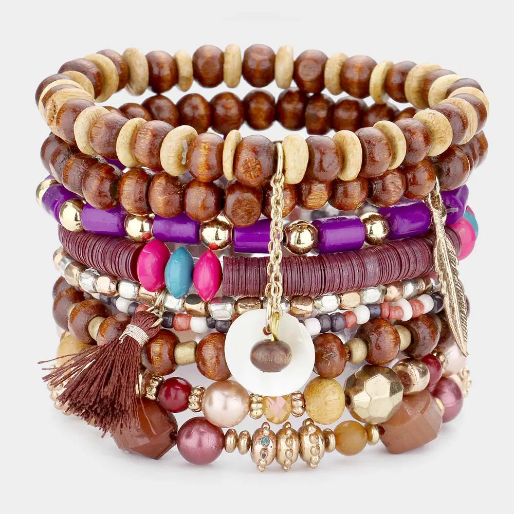 iLLASPARKZ 9PCS - Tassel Metal Feather Mother of Pearl Charm Wood Beaded Stretch Bracelets