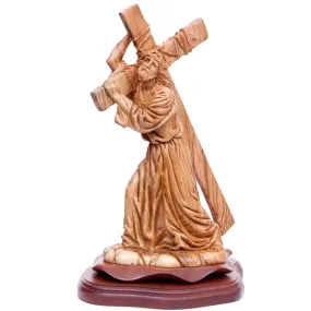 Jesus Christ Carrying Cross, 13.8 Wood Carving from Holy Land