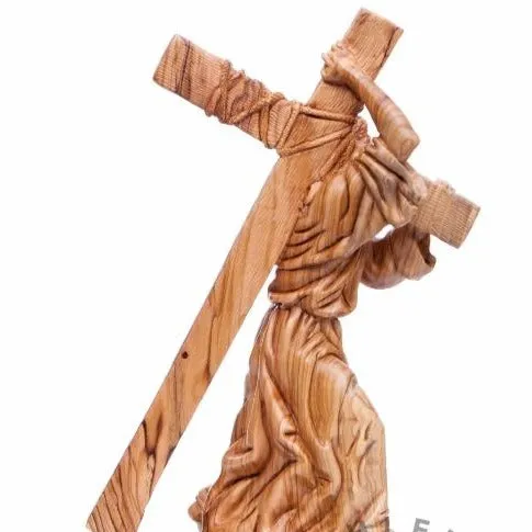 Jesus Christ Carrying Cross, 13.8 Wood Carving from Holy Land