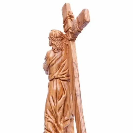 Jesus Christ Carrying Cross, 13.8 Wood Carving from Holy Land