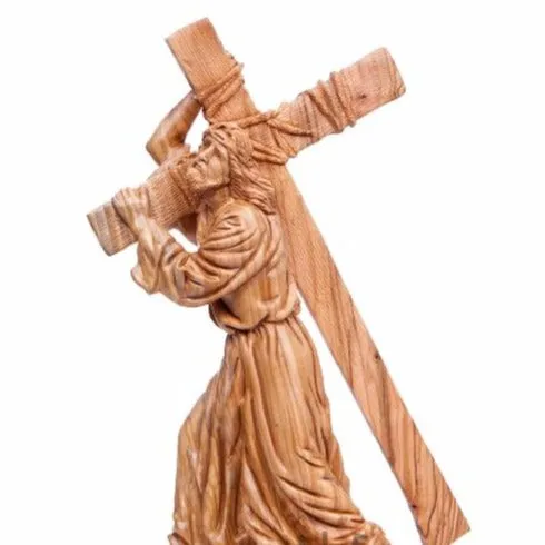 Jesus Christ Carrying Cross, 13.8 Wood Carving from Holy Land