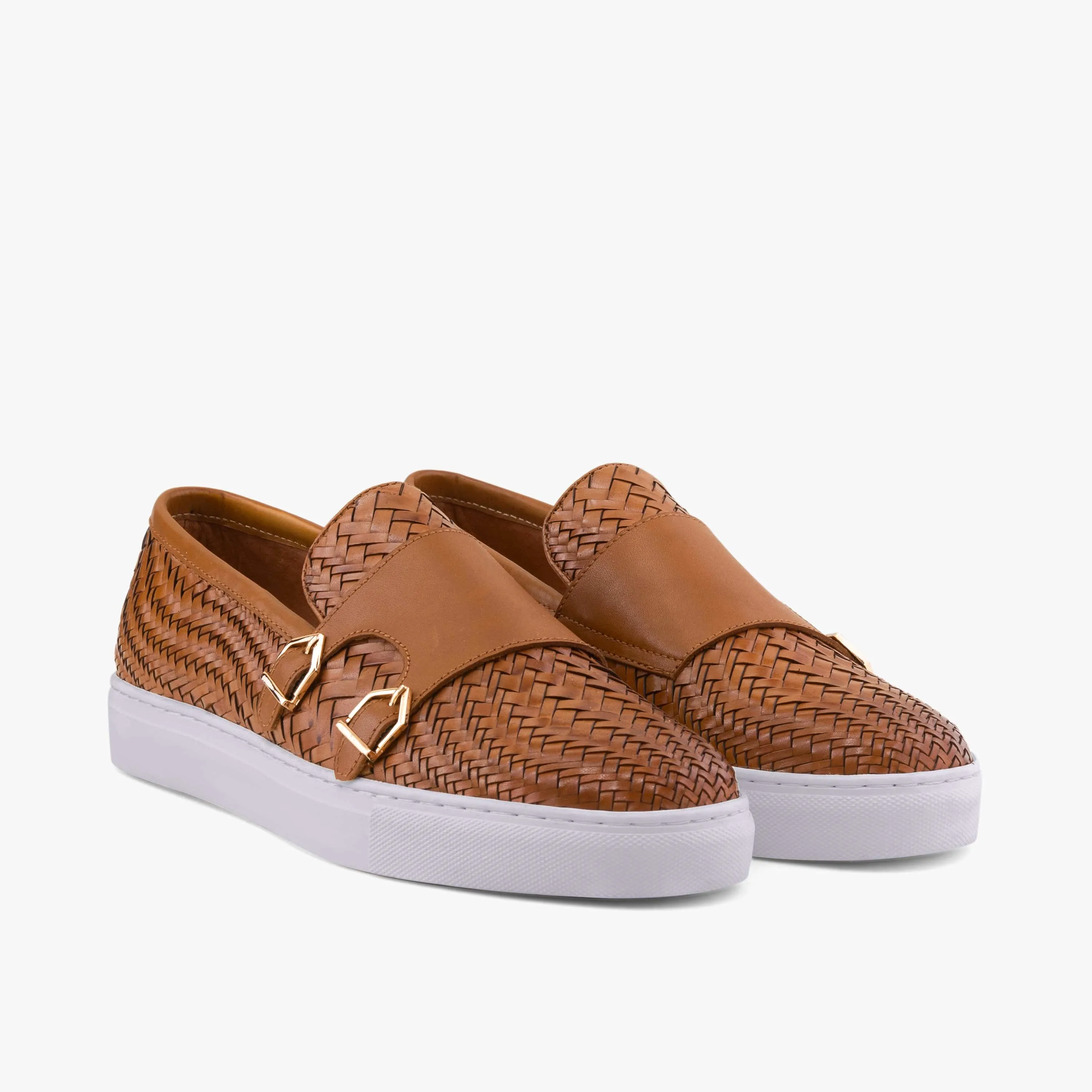 Kyler Cognac Woven Leather Monk Strap Sneakers