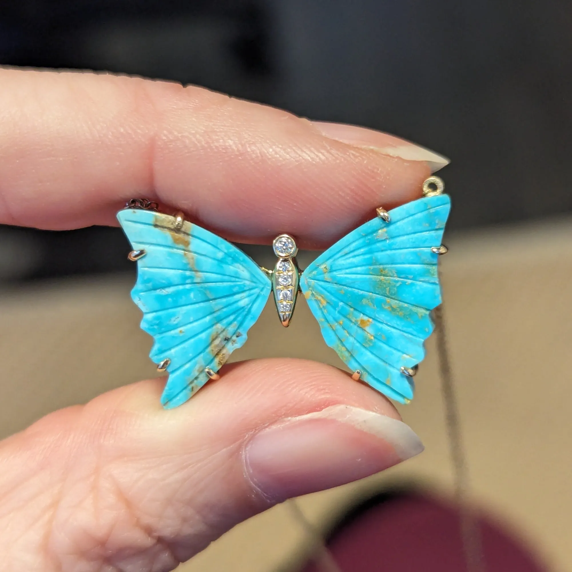 Large Turquoise Butterfly Necklace with Diamonds and Prongs