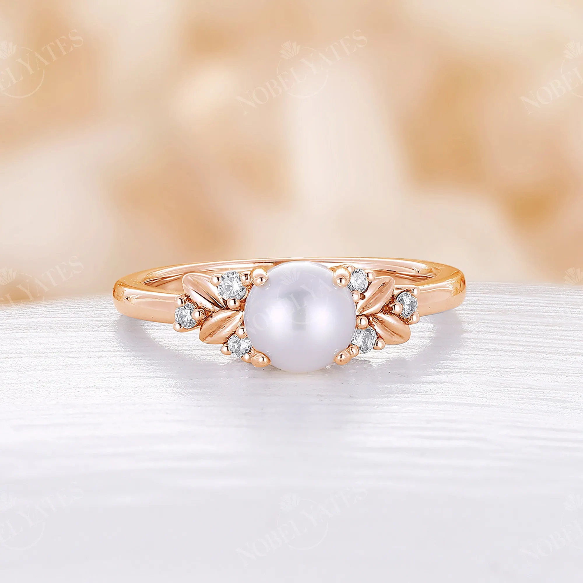 Leaf Style Akoya Pearl Engagement Ring Side Stones