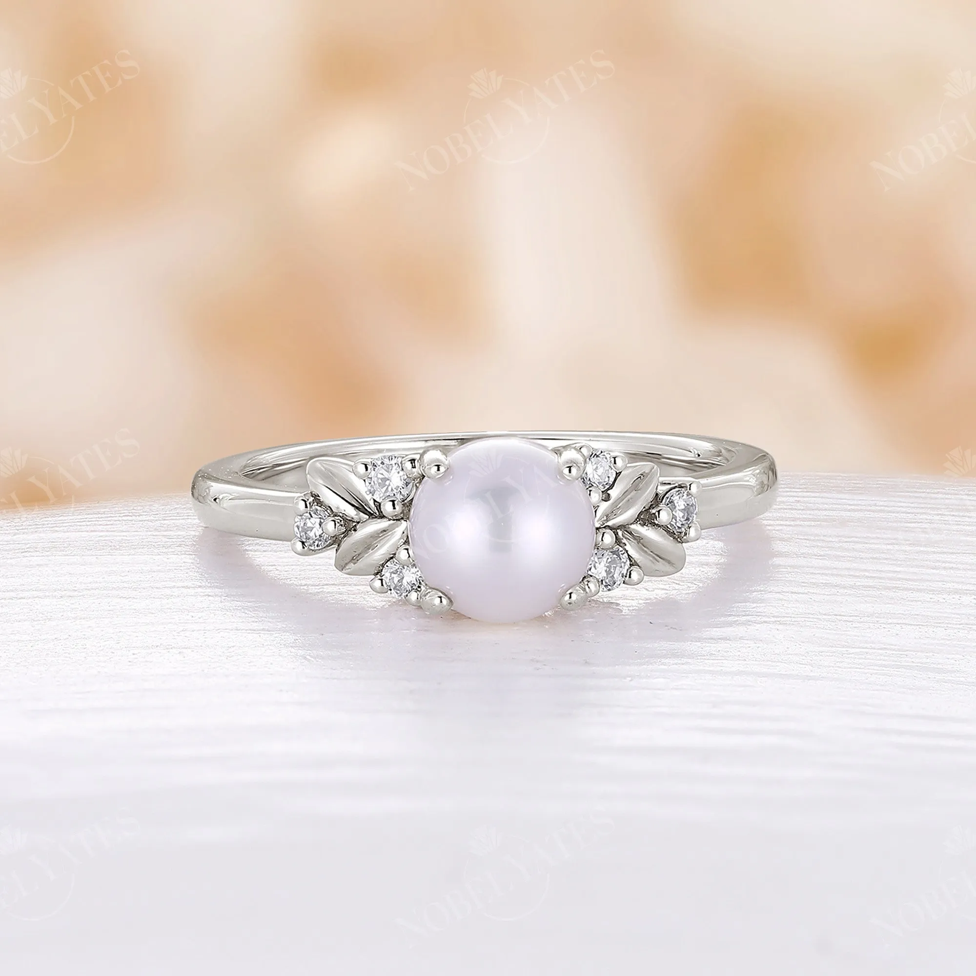 Leaf Style Akoya Pearl Engagement Ring Side Stones