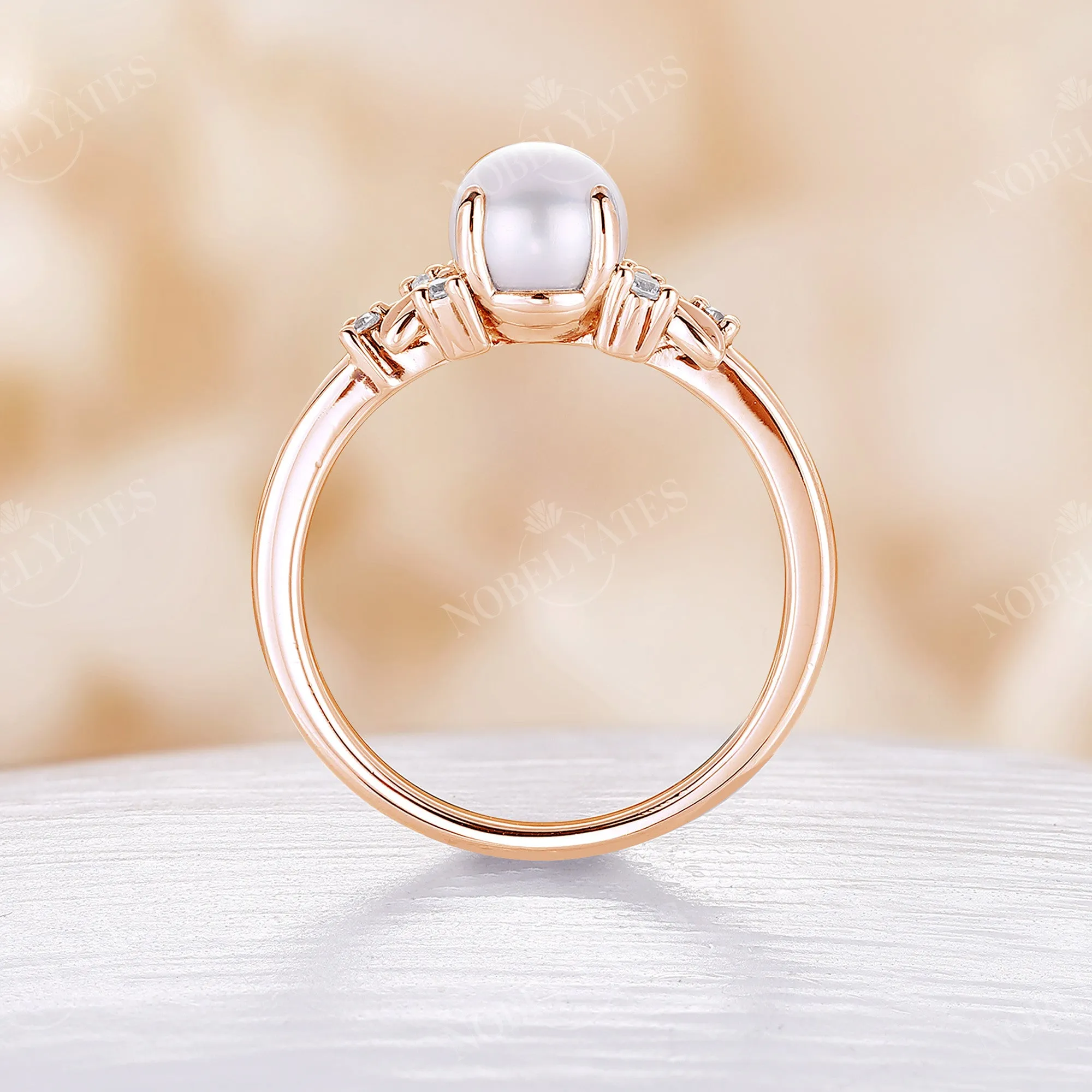 Leaf Style Akoya Pearl Engagement Ring Side Stones