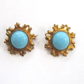 Matching Circa 1900 Gilt Blue Glass Brooches/Pins