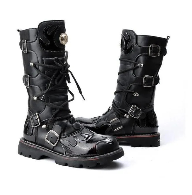 Men's Steampunk Fire Totem Black High Boots Motorcycle Boots