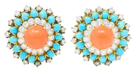 Mid-Century 5.26 CTW Diamond Coral Turquoise Platinum 18 Karat Yellow Gold Vintage Cluster Earrings