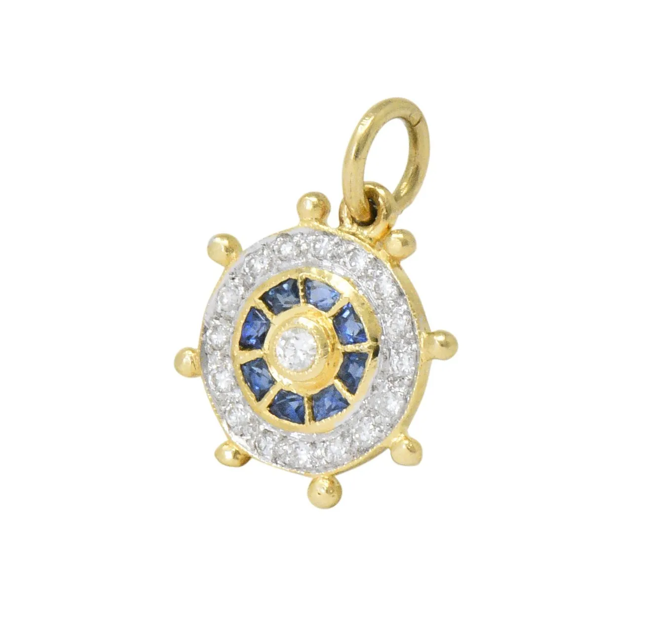 Modern 1980's 0.30 CTW Diamond Sapphire 18 Karat Gold Ship's Wheel Charm