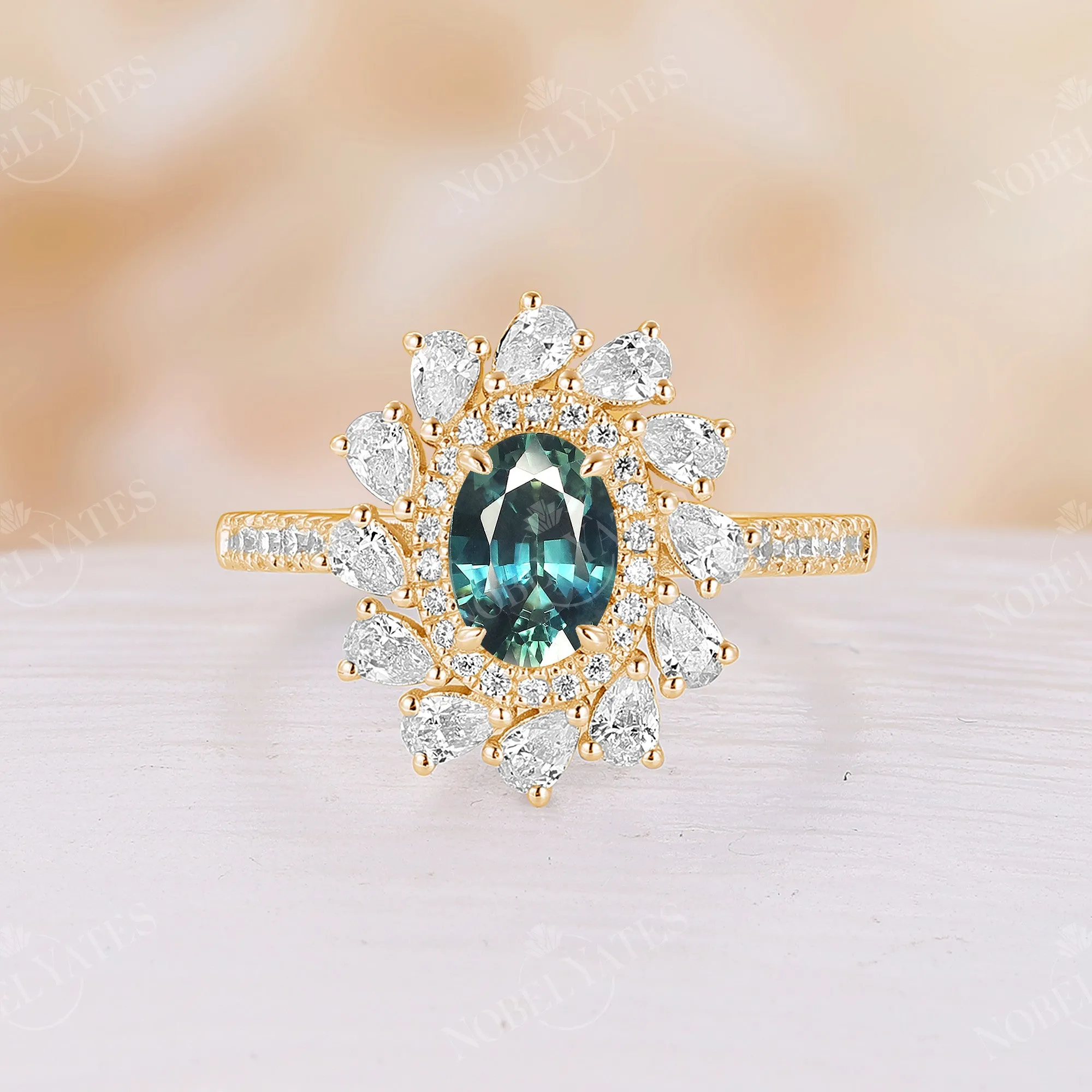 Moissanite Halo Teal Sapphire Vintage Engagement Ring Rose Gold