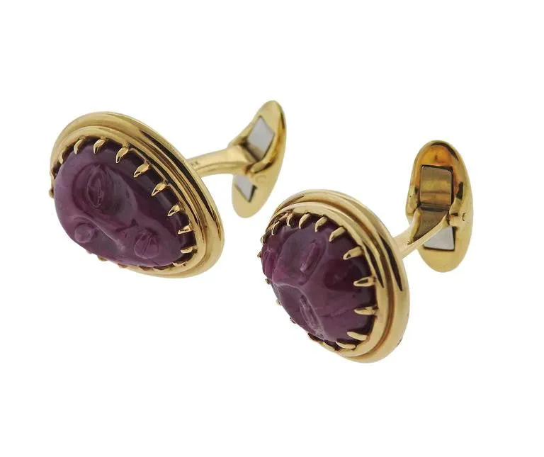 One of a Kind Carved Ruby Gold Faces Cufflinks