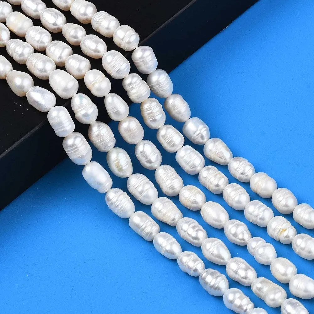 Pearl Beads, Natural, Freshwater, Cultured, Rice, White, 8.5-12mm