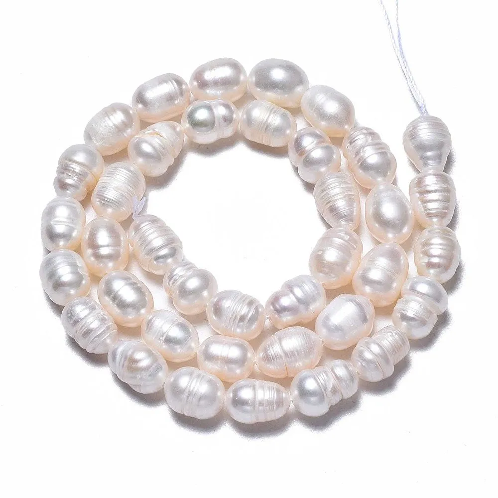 Pearl Beads, Natural, Freshwater, Cultured, Rice, White, 8.5-12mm