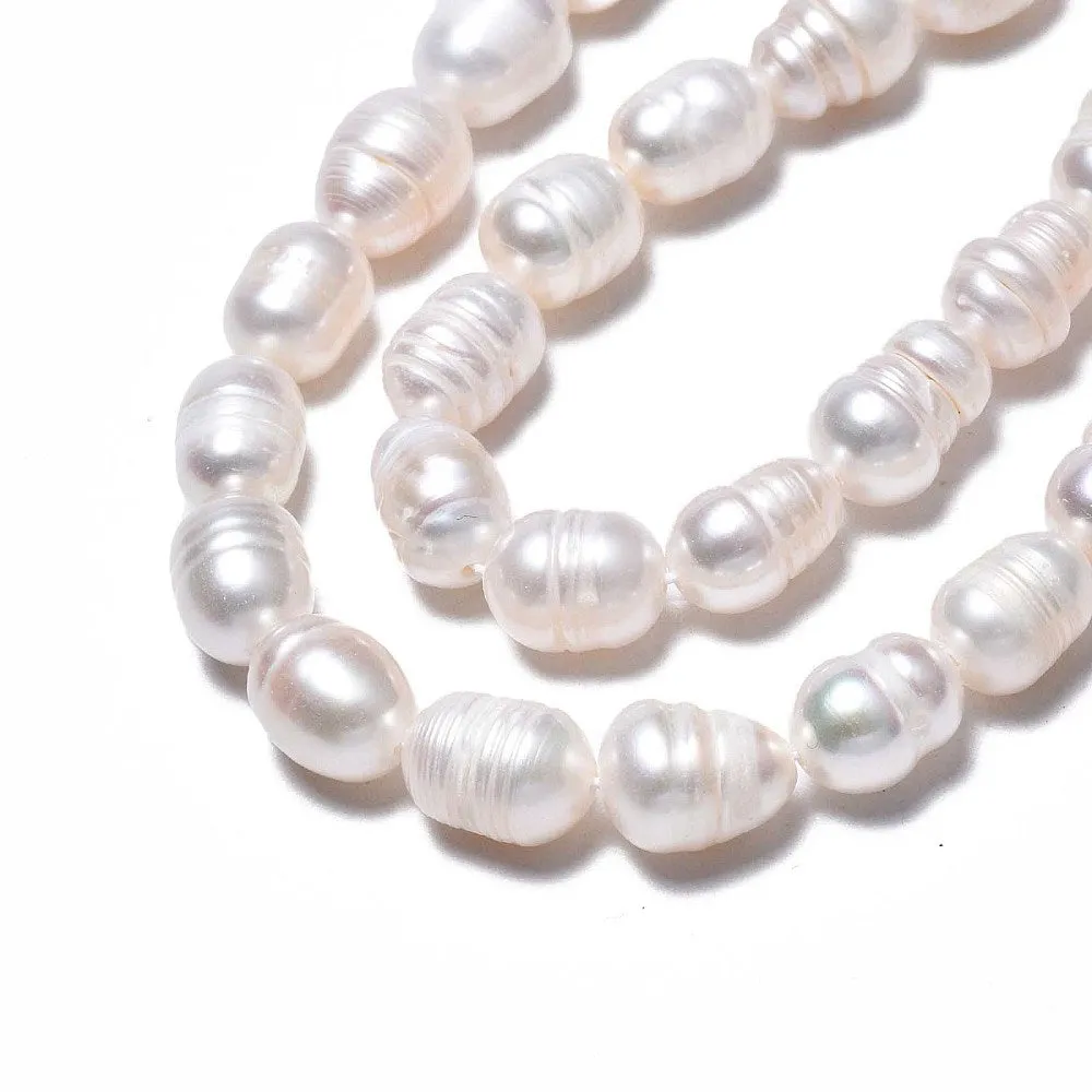 Pearl Beads, Natural, Freshwater, Cultured, Rice, White, 8.5-12mm