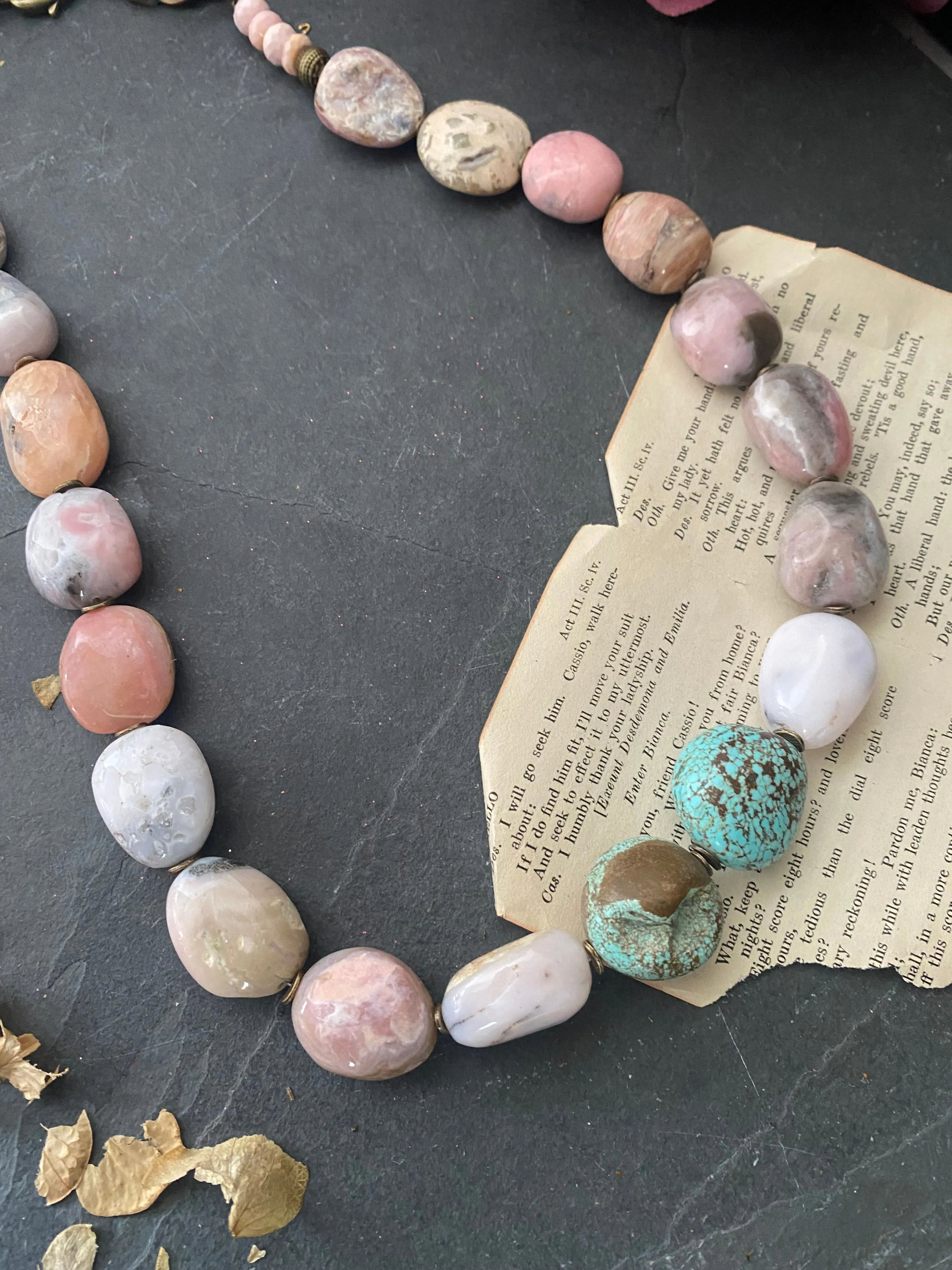 Pink opal chunk stone, number 8 turquoise chunk stones, bronze metal, necklace