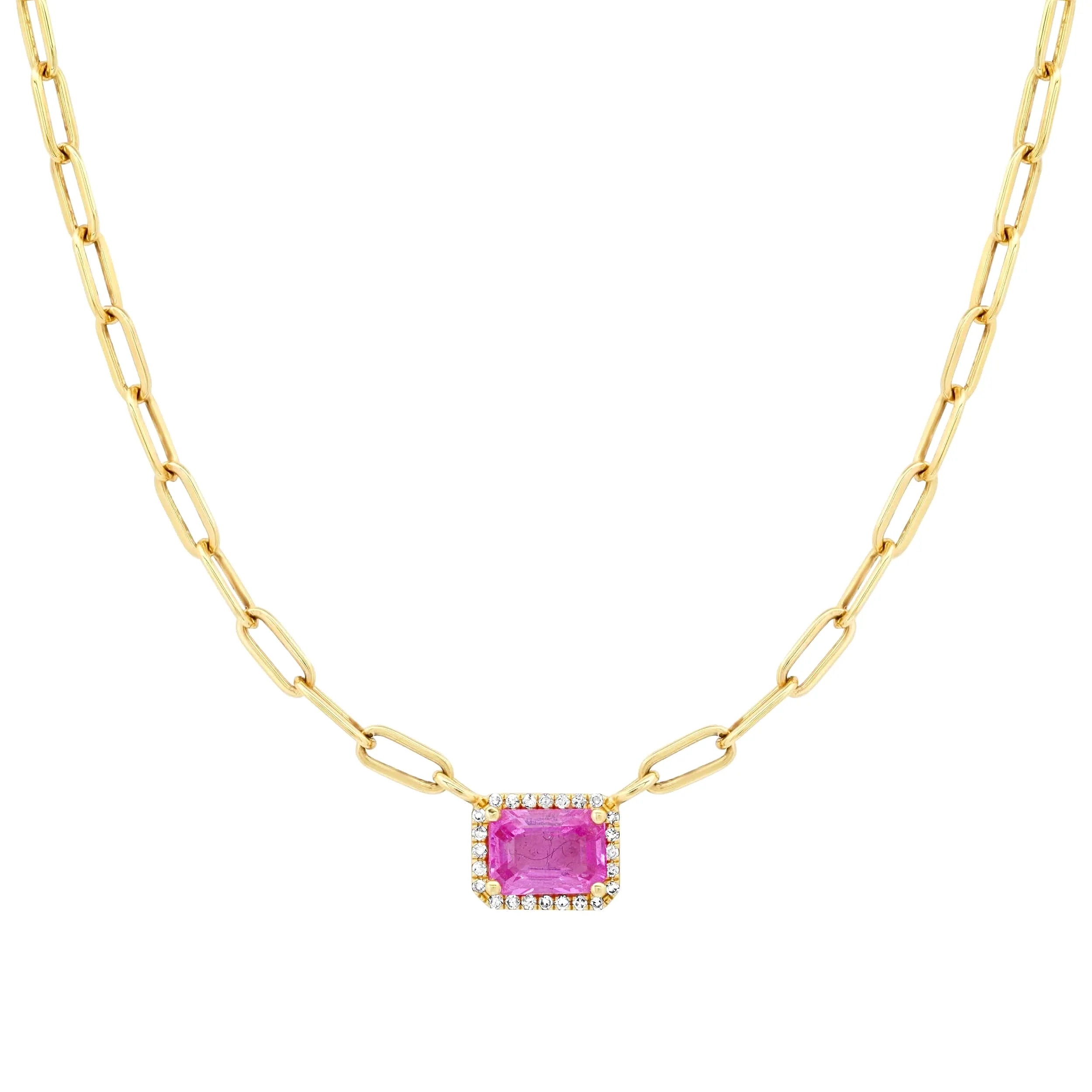 Pink Sapphire and Diamond Paper Clips Chain Necklace