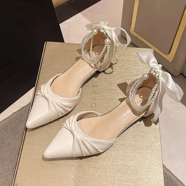 Pointed Knot Faux Pearl Bow Ankle Strap Low Heel Sandals cc2