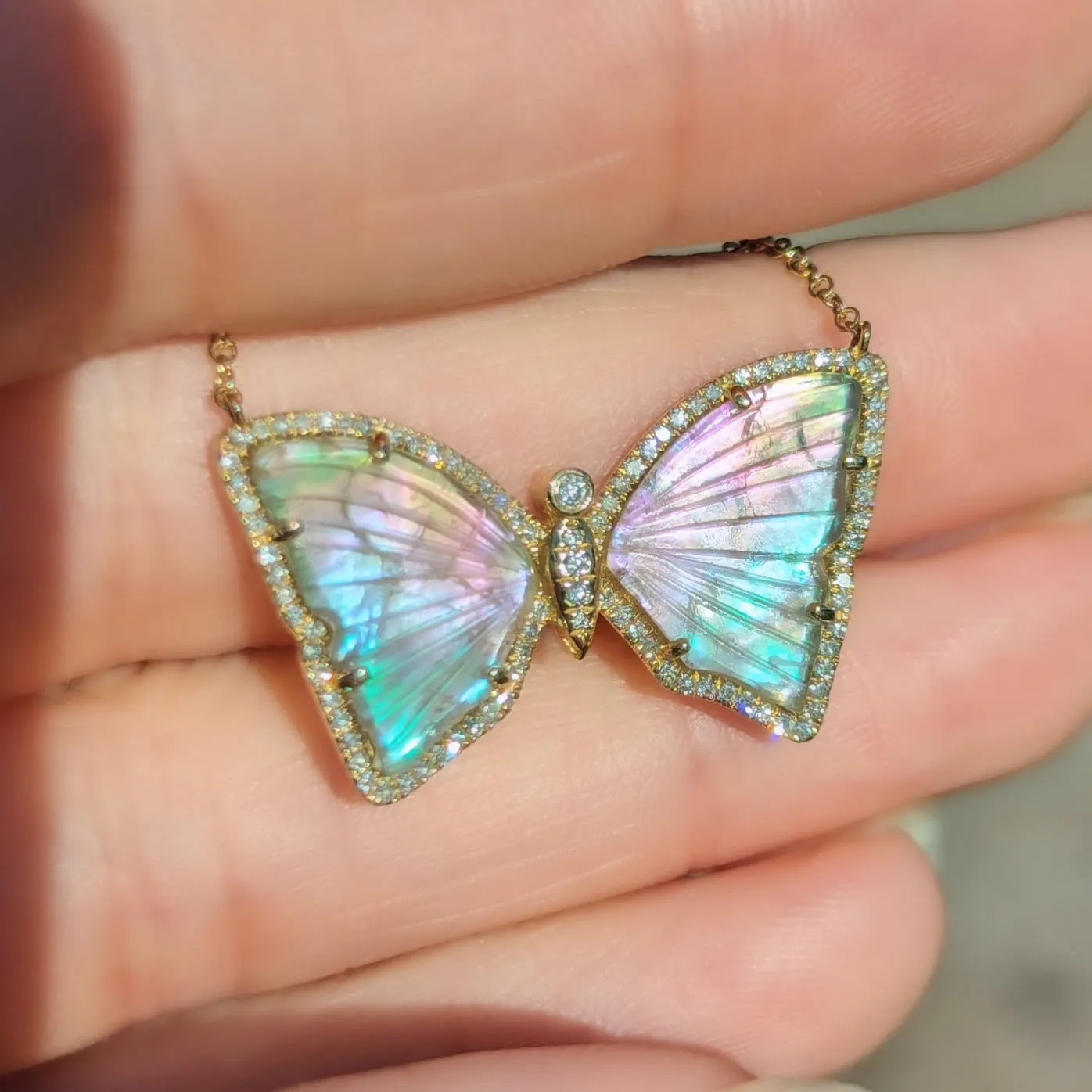 Rainbow Mystic Pearl Tourmaline Butterfly Necklace with Diamonds