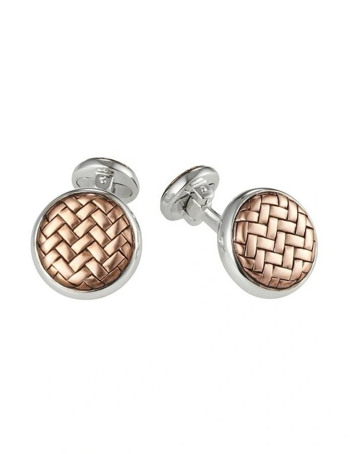 Rhodium Plated and Sterling Round Weave Cufflinks in Two Tone