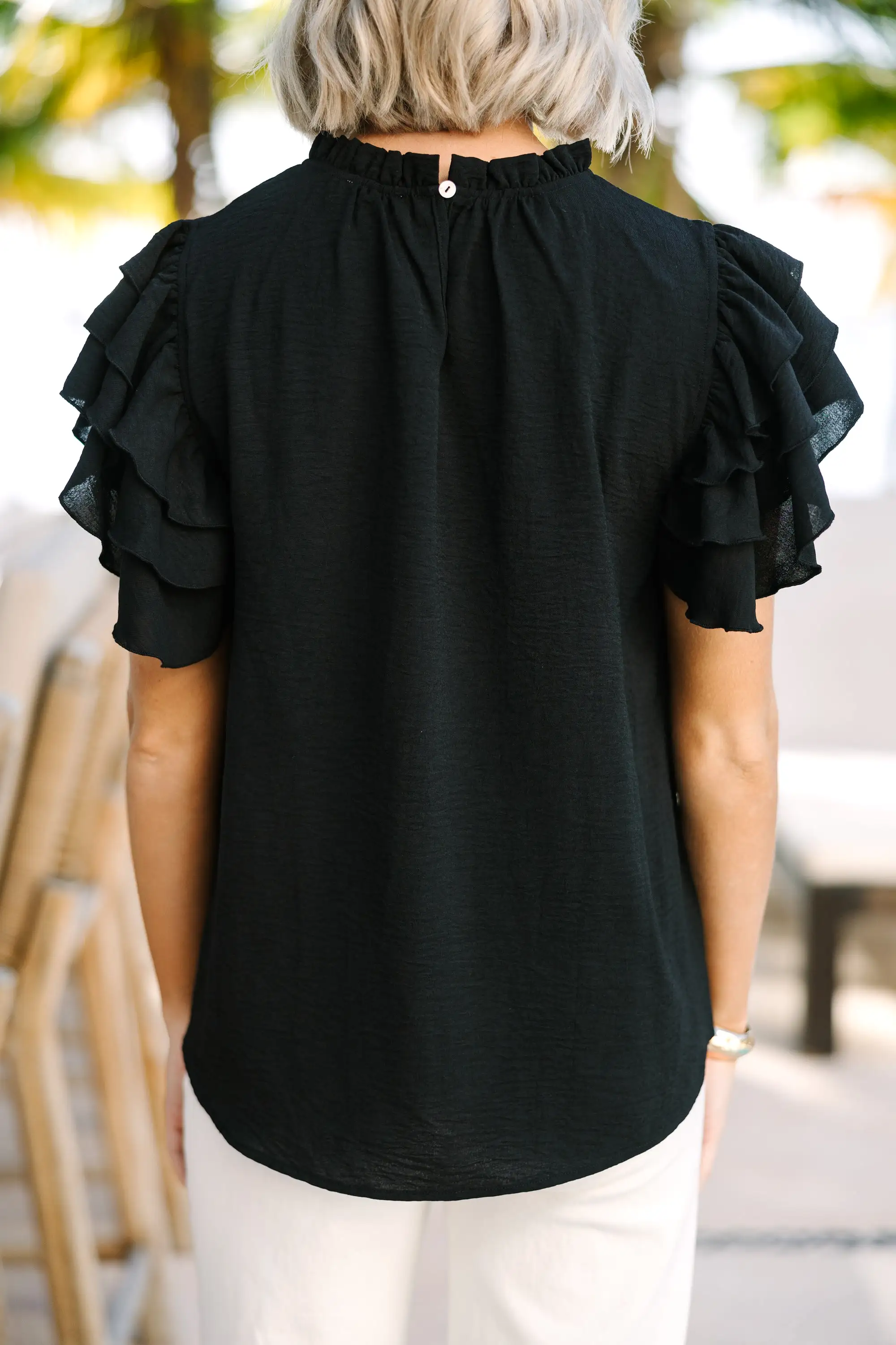 See You Out Black Ruffled Blouse