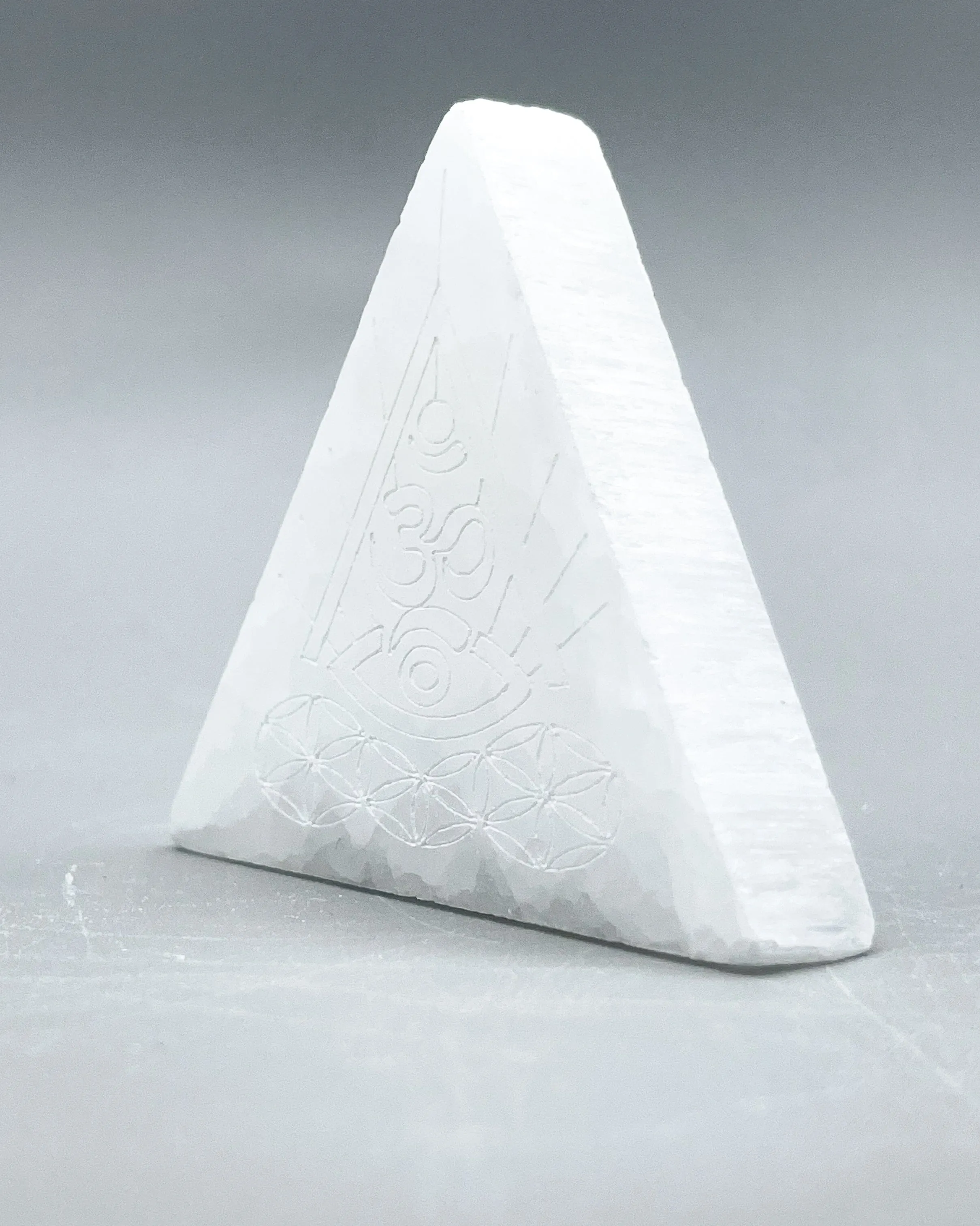 Selenite Ohm Triangle Carving